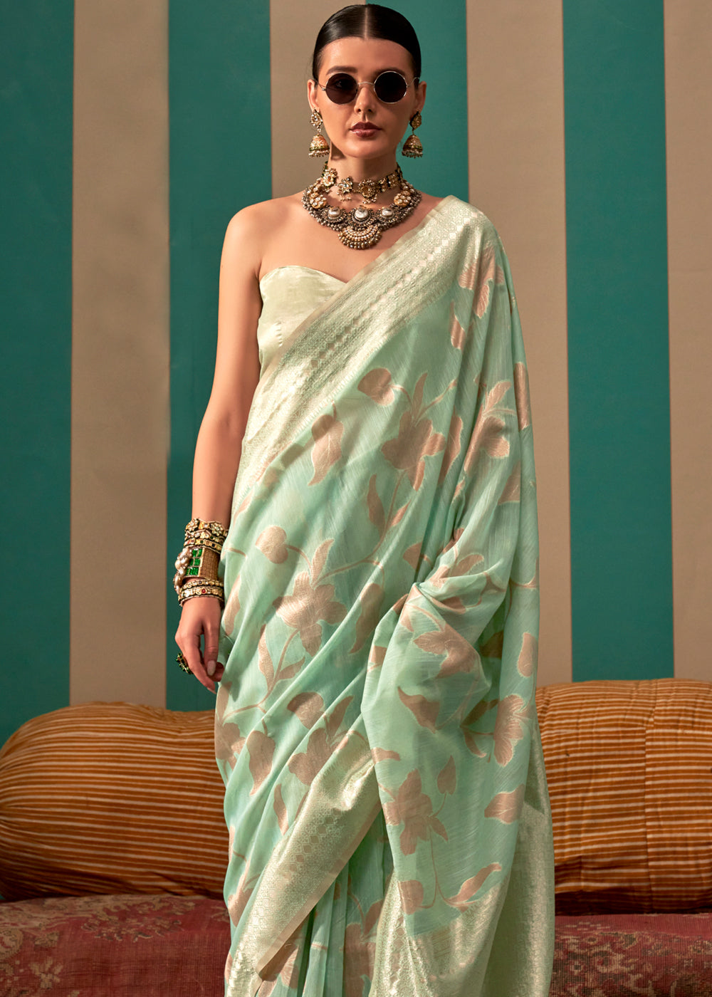 Buy MySilkLove Swamp Green Woven Banarasi Linen Saree Online