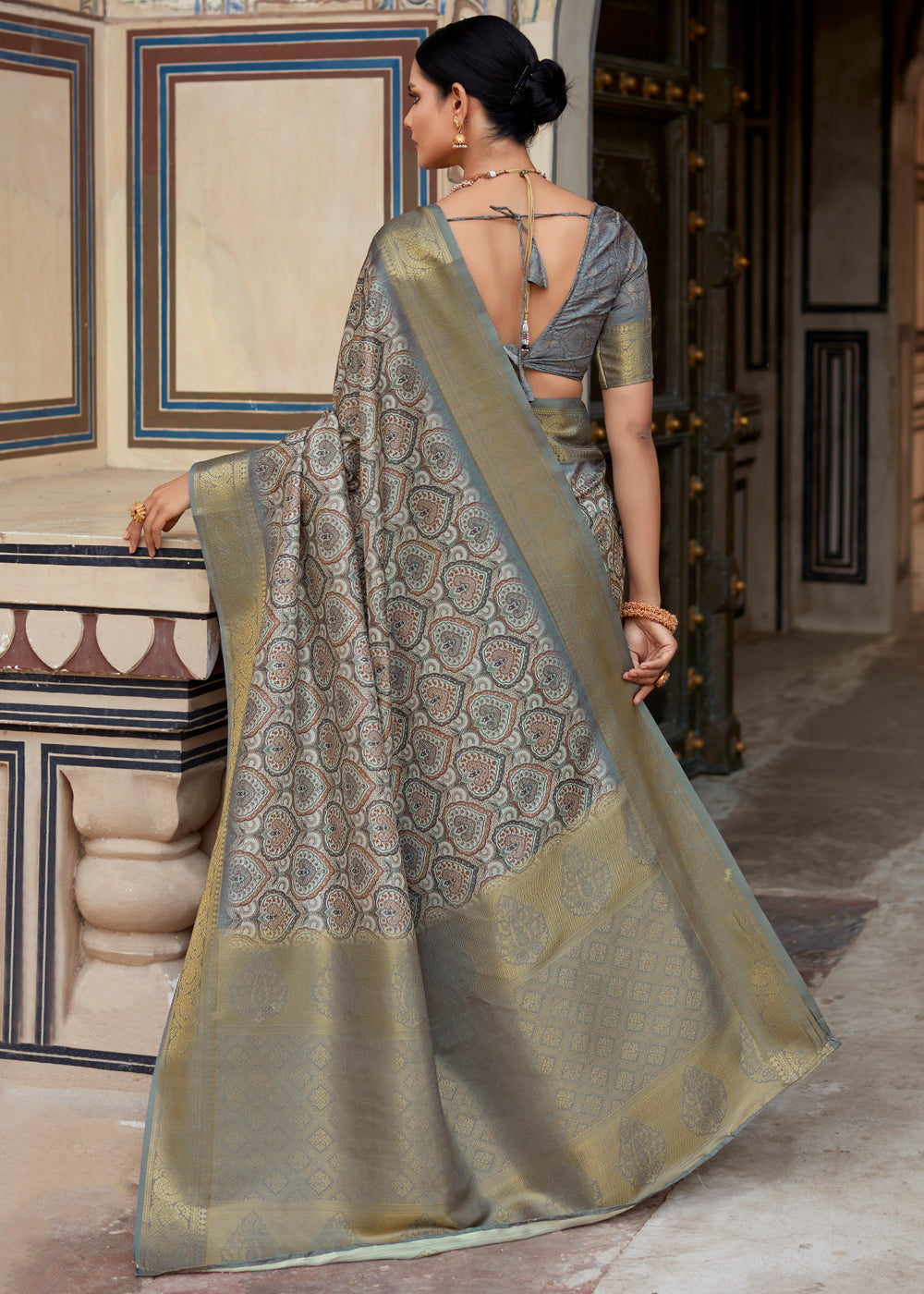 Buy MySilkLove Tower Grey Banarasi Digital Printed Silk Saree Online