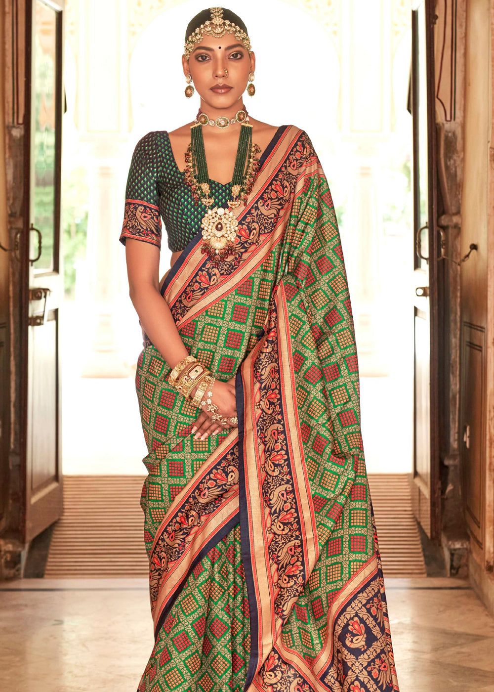 Buy MySilkLove Hippie Green Printed Soft Silk Saree Online