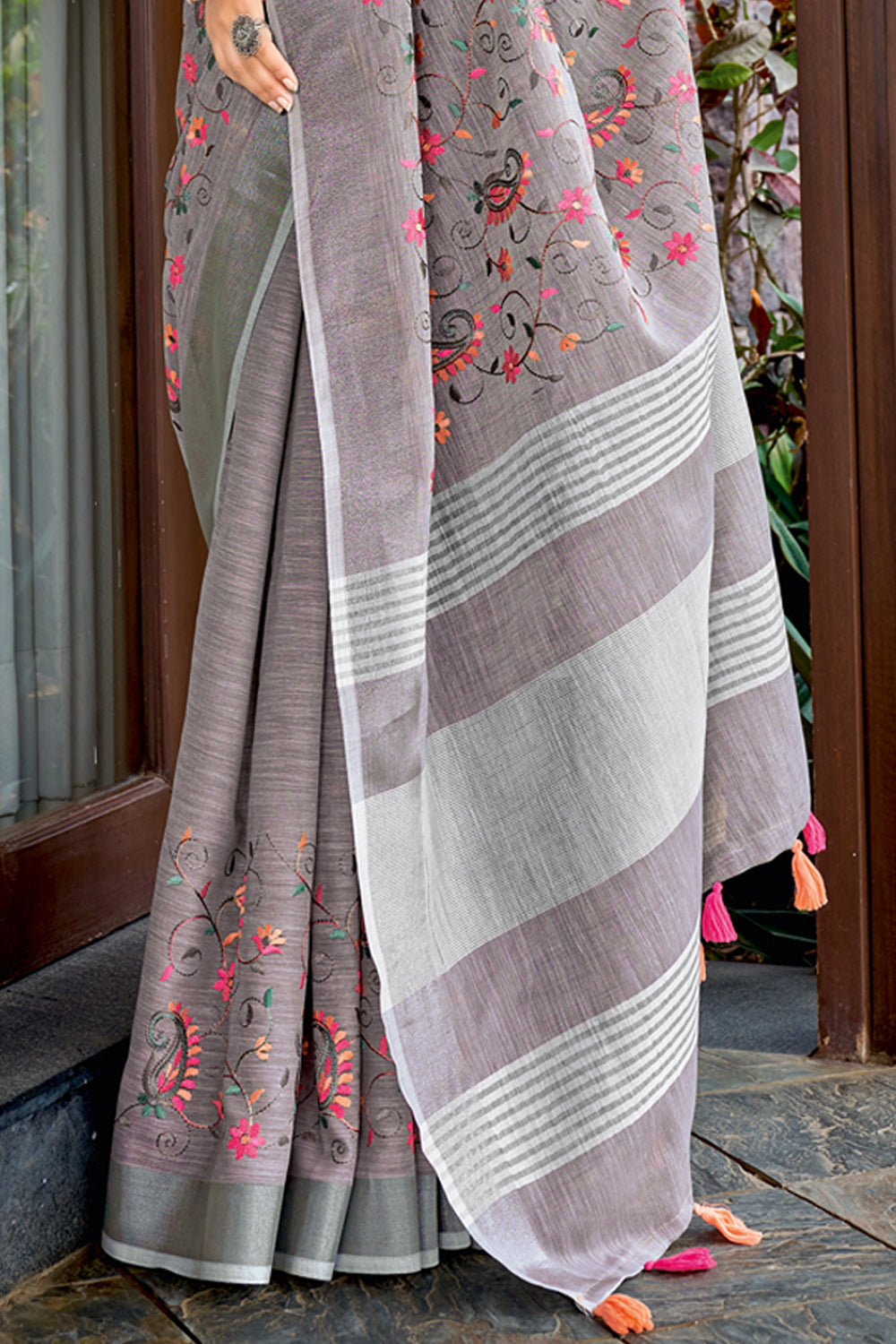 Buy MySilkLove Dusty Grey Handcrafted Linen Saree Online