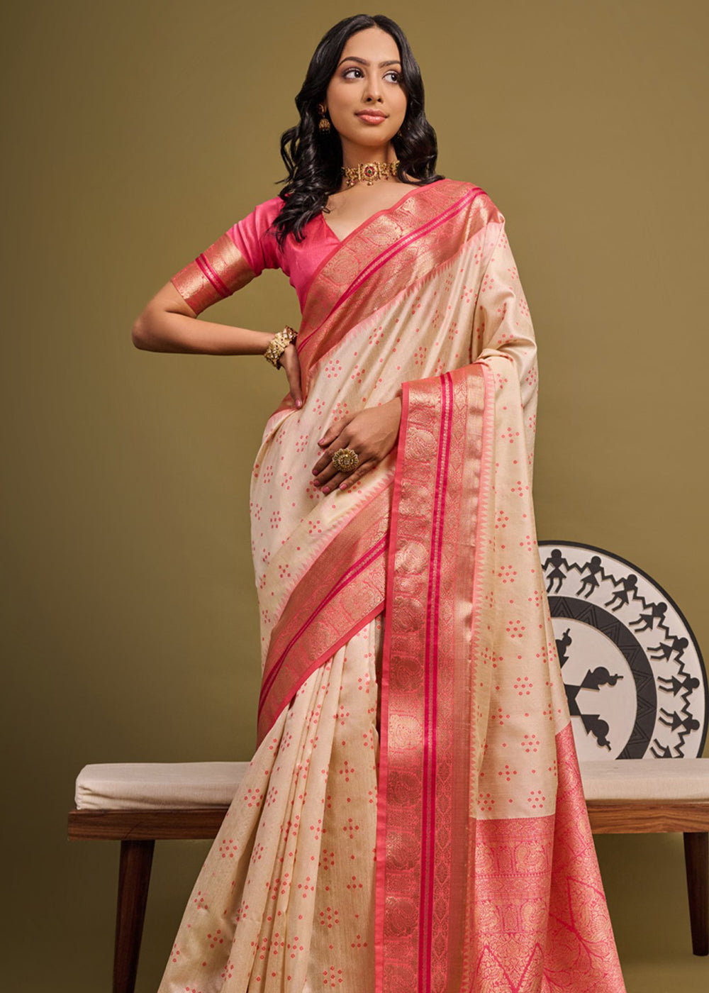 Buy MySilkLove Romantic Cream and Pink Woven Banarasi Soft Silk Saree Online