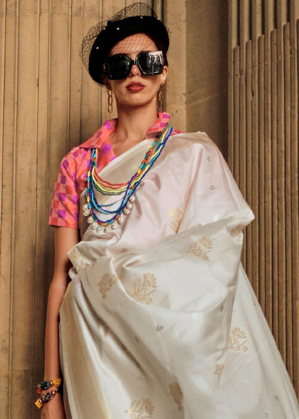 Buy MySilkLove Petunia Flowers White Banarasi Handloom Saree Online