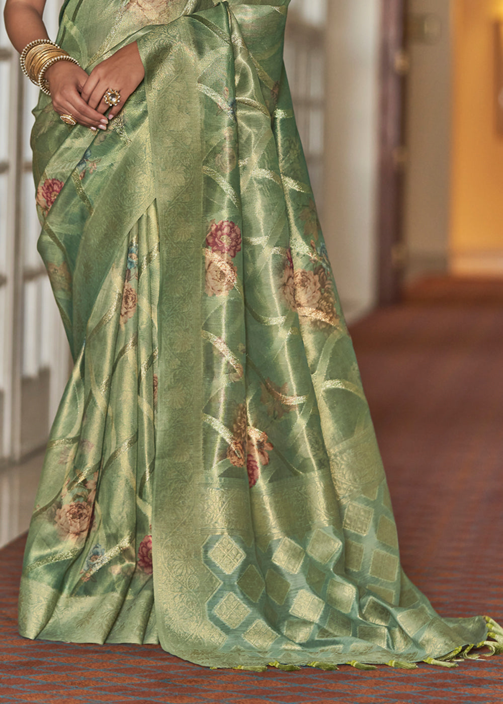 Buy MySilkLove Avocado Green Woven Banarasi Tissue Organza Silk Sare Online