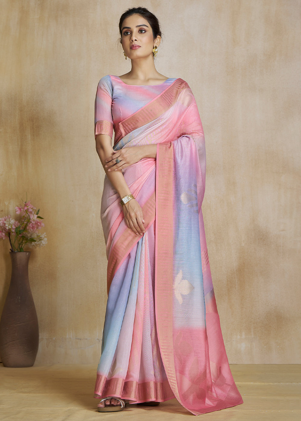 Buy MySilkLove Shilo Pink Tissue Woven Soft Silk Saree Online