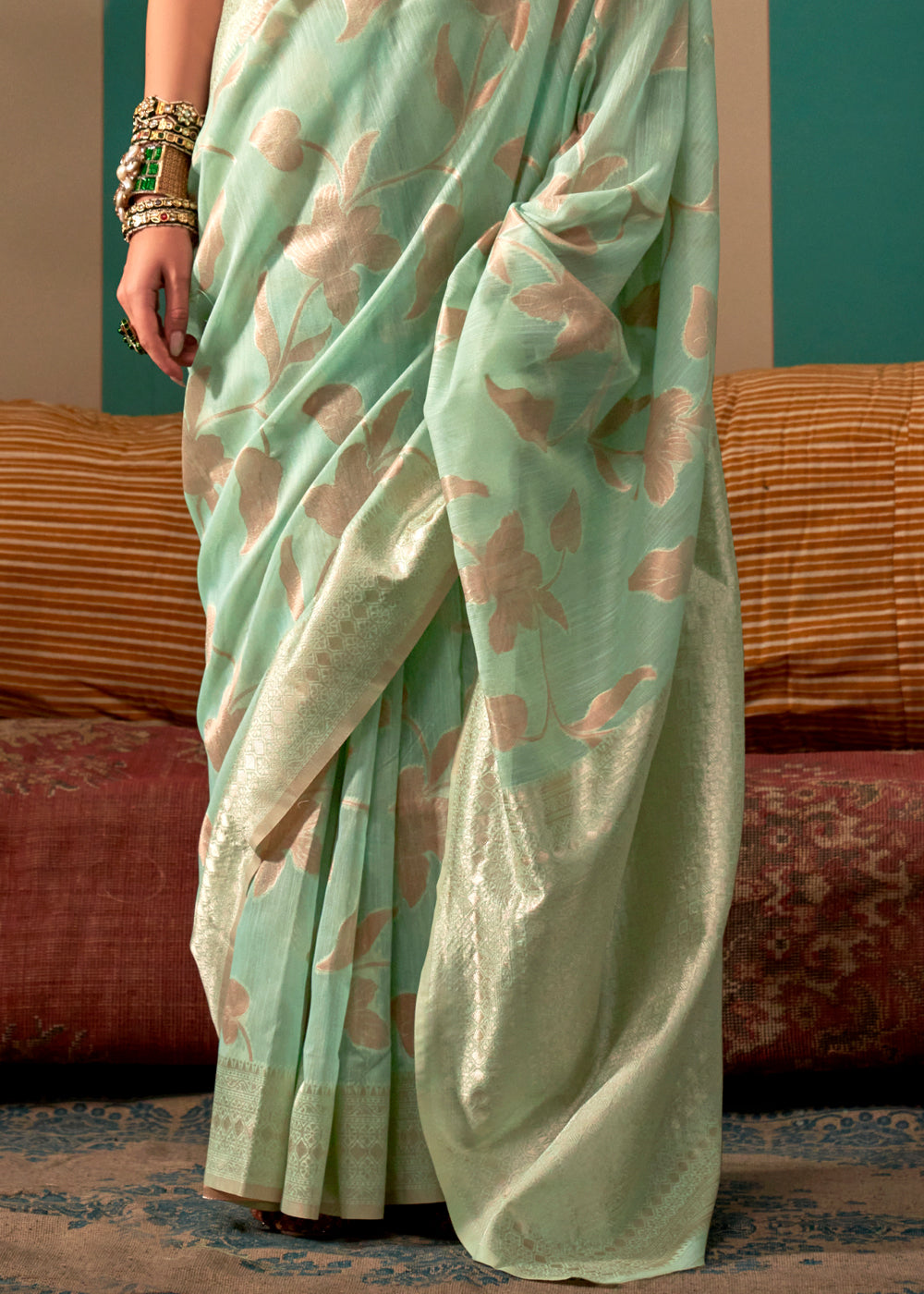 Buy MySilkLove Swamp Green Woven Banarasi Linen Saree Online