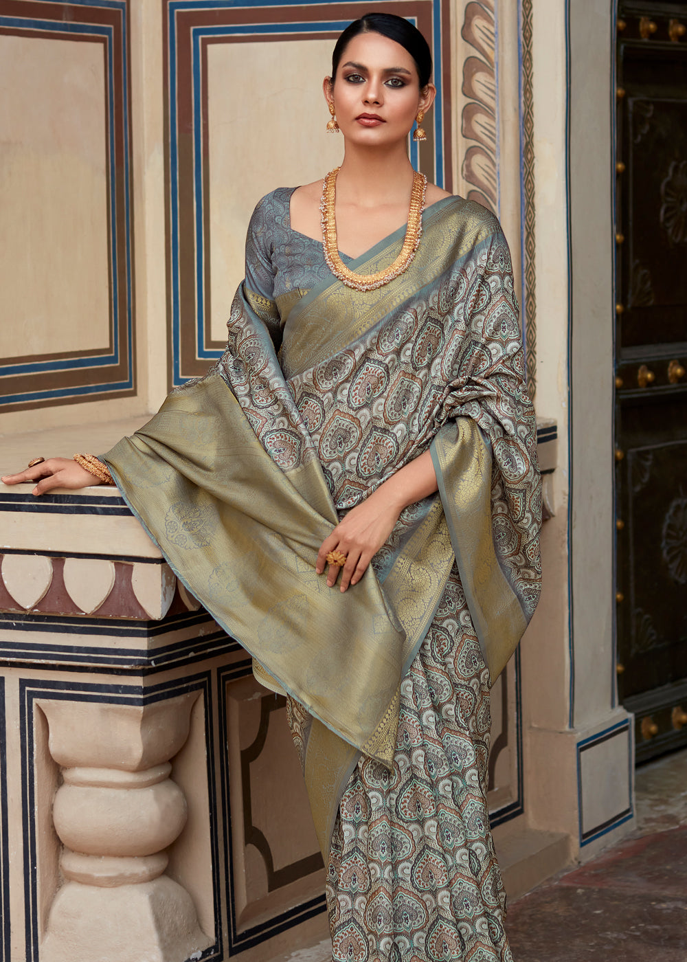 Buy MySilkLove Tower Grey Banarasi Digital Printed Silk Saree Online