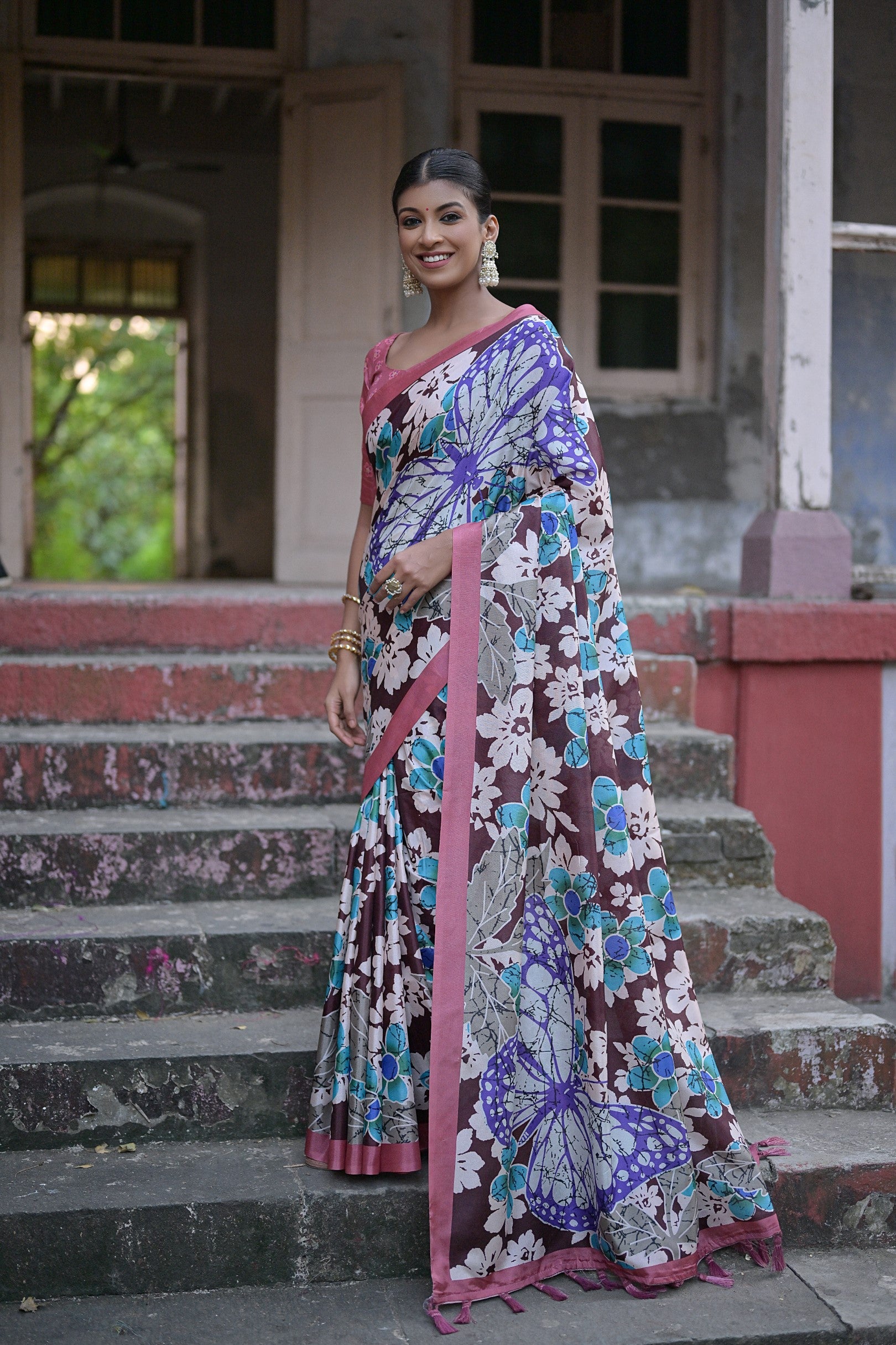 Buy MySilkLove Eggplant Brown Floral Printed Cotton Silk Saree Online