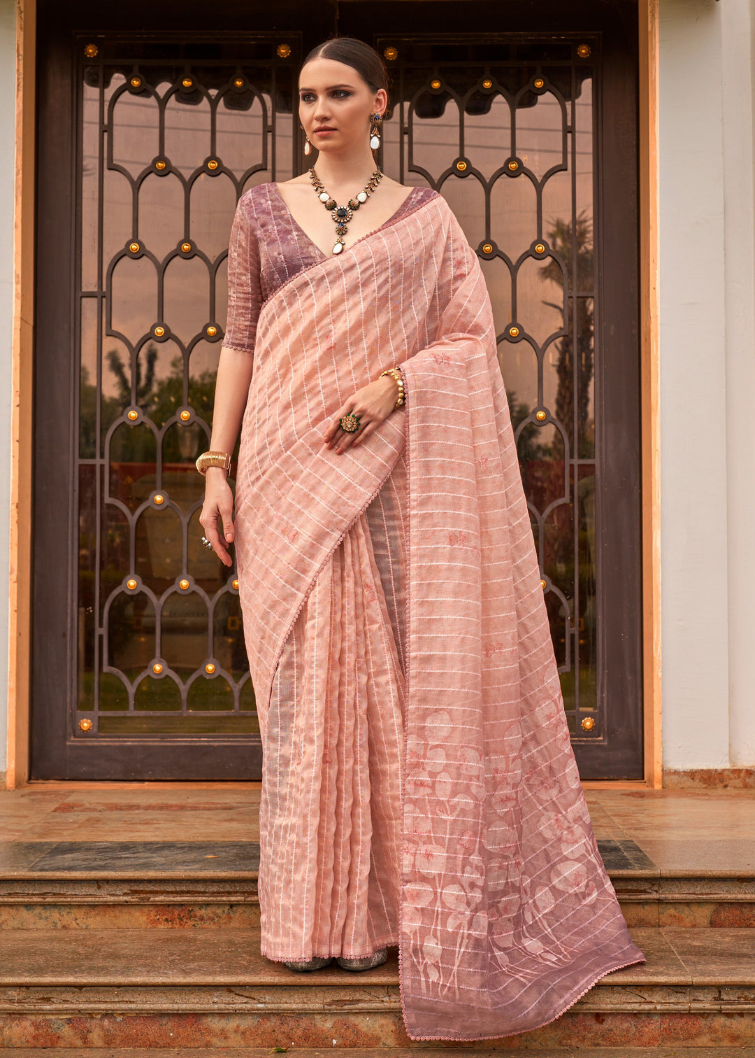 Buy MySilkLove Light Pink Tissue Silk Saree Online