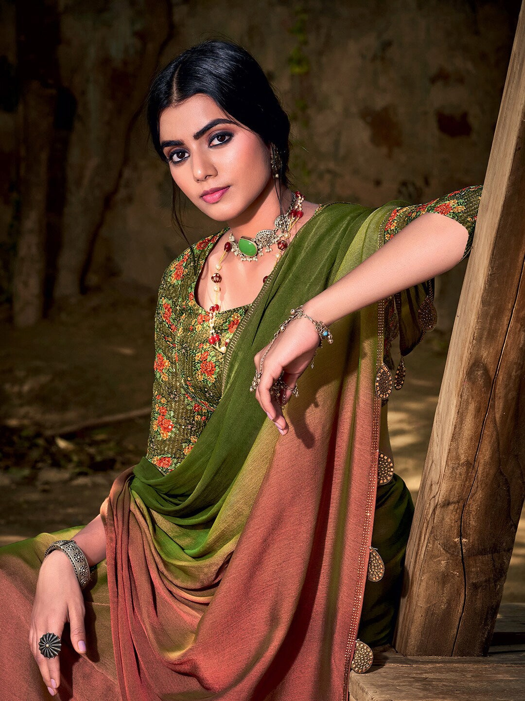 Buy MySilkLove Woodland Green and Brown Chiffon Saree With Printed Blouse Online