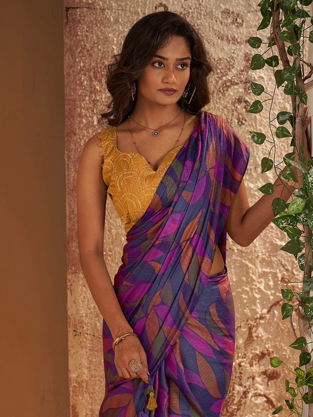 MySilkLove Finn Purple Printed Chiffon Saree With Embroidery Blouse