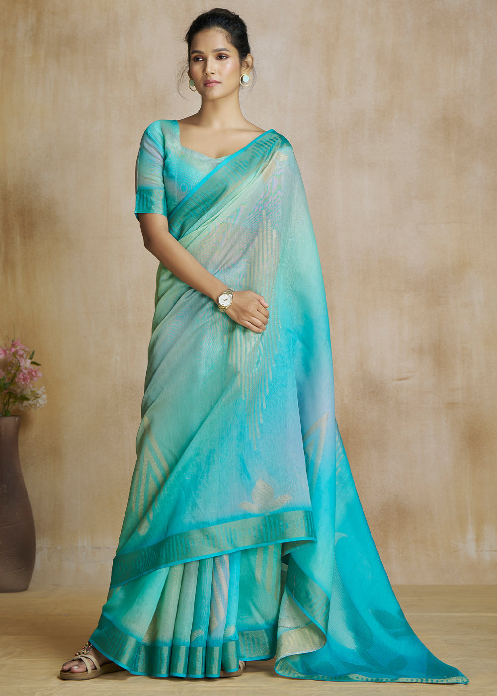 Buy MySilkLove Water Blue Tissue Woven Soft Silk Saree Online