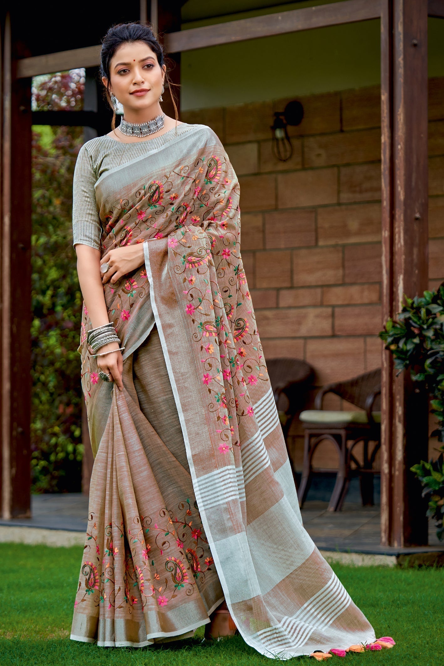 Buy MySilkLove Leather Brown Handcrafted Linen Saree Online