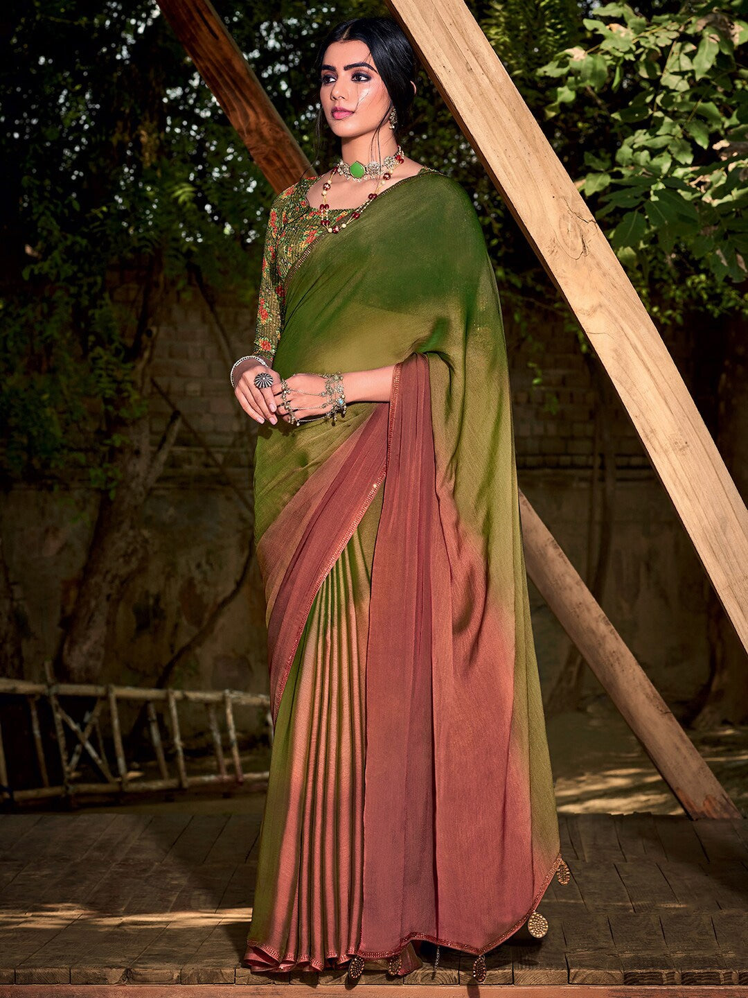 Buy MySilkLove Woodland Green and Brown Chiffon Saree With Printed Blouse Online