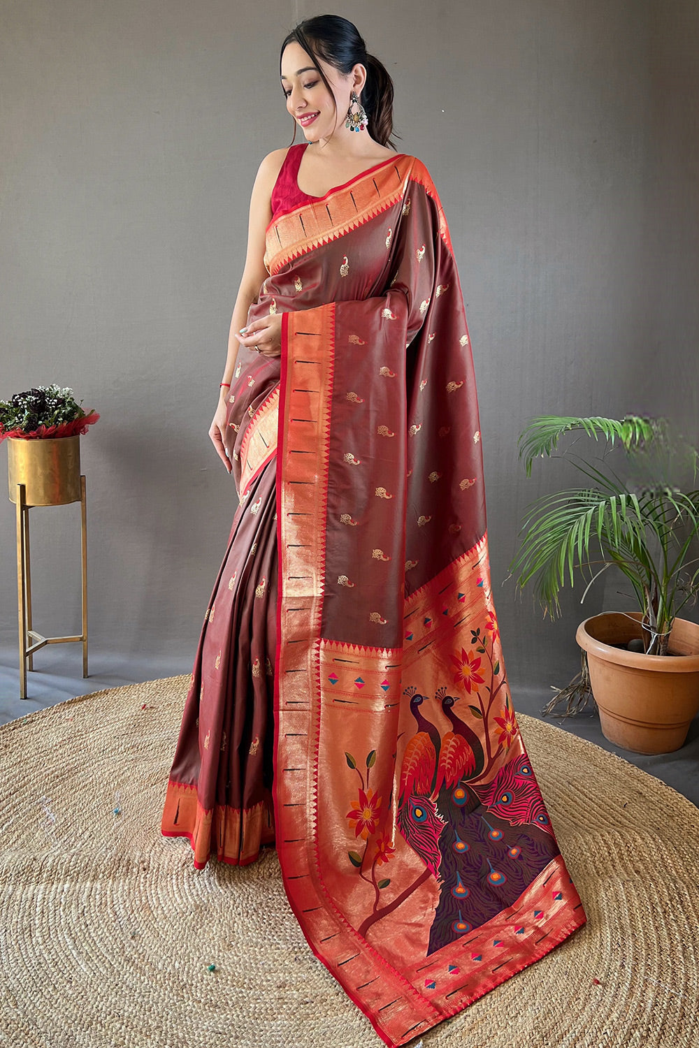 Buy MySilkLove Nespresso Brown Zari Woven Paithani Saree Online