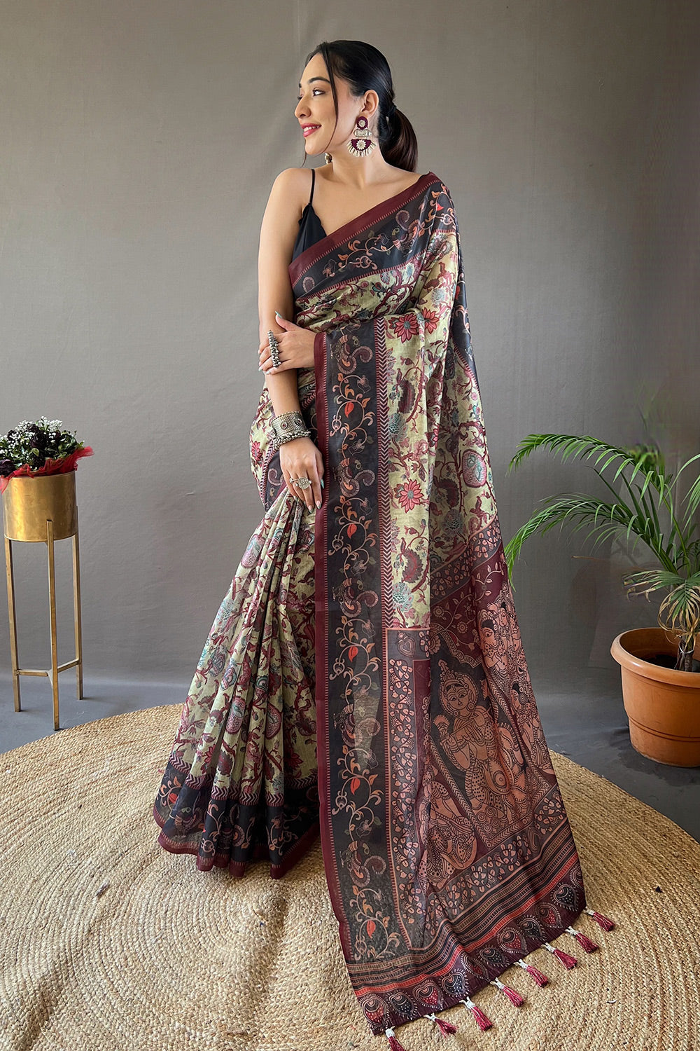 Buy MySilkLove Yuma Yellow Printed Cotton Kalamkari Saree Online