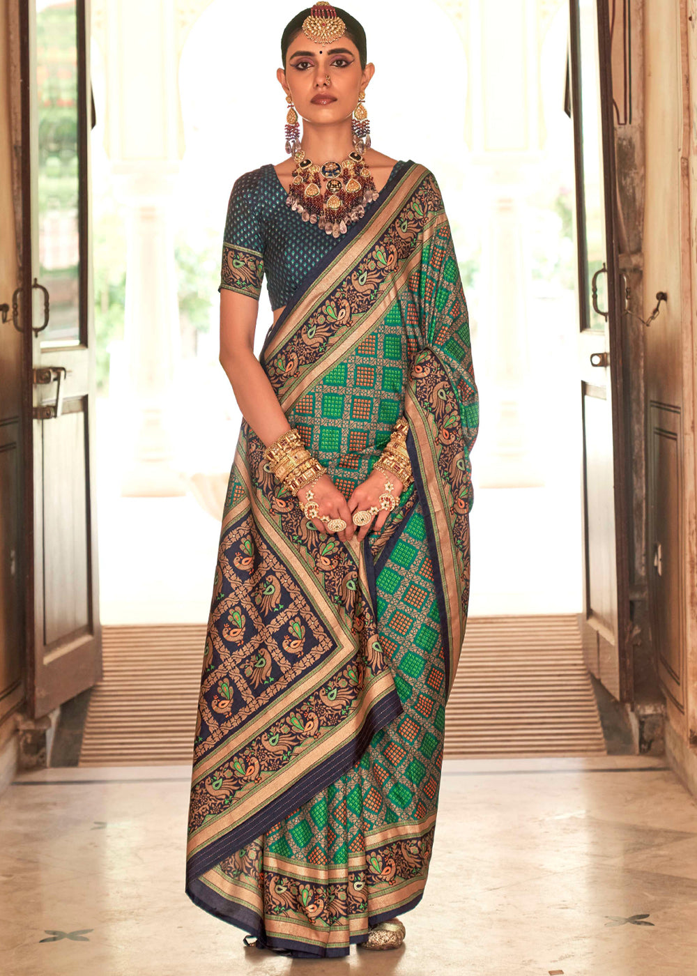 Buy MySilkLove Watercourse Green Printed Soft Silk Saree Online