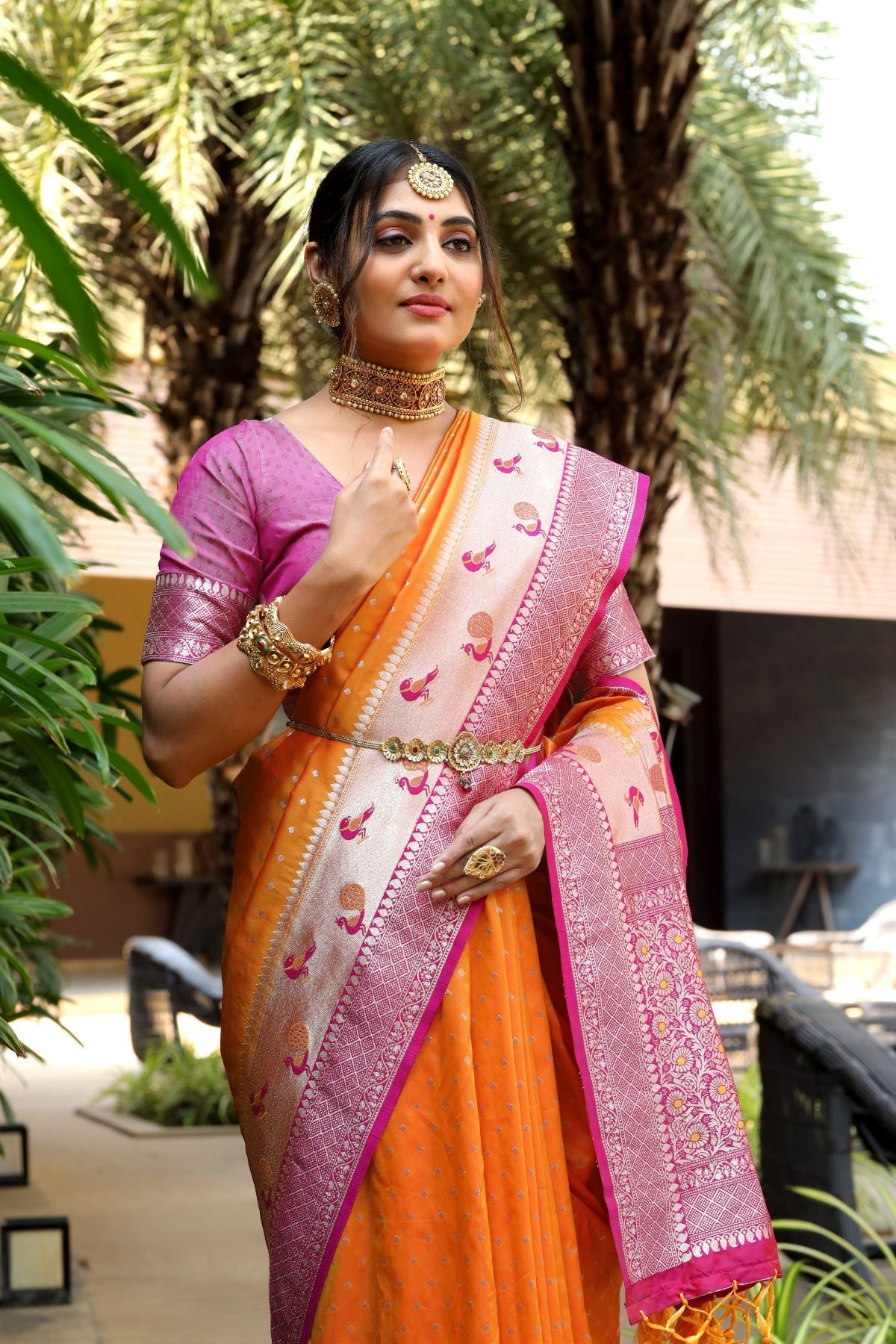 MySilkLove Mango Orange and Pink Banarasi Paithani Silk Saree