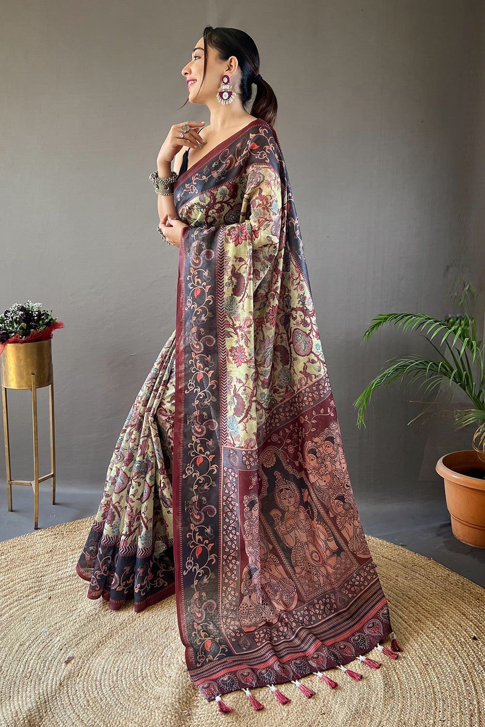 Buy MySilkLove Yuma Yellow Printed Cotton Kalamkari Saree Online