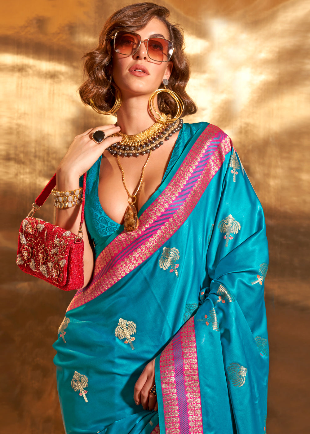 MySilkLove Malibu Blue Woven Banarasi Satin Silk Saree