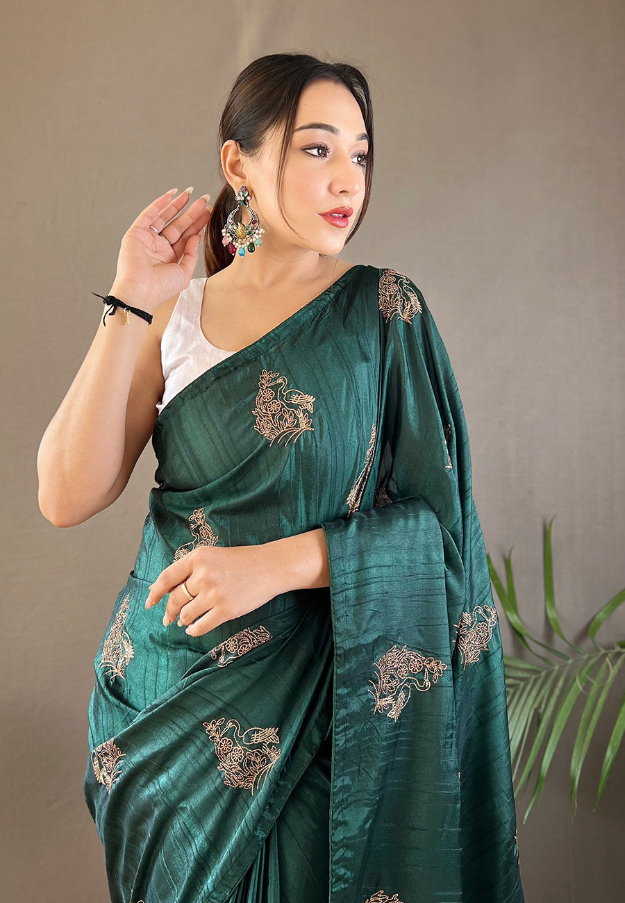 MySilkLove Timber Green Embroidered Tussar Silk Saree