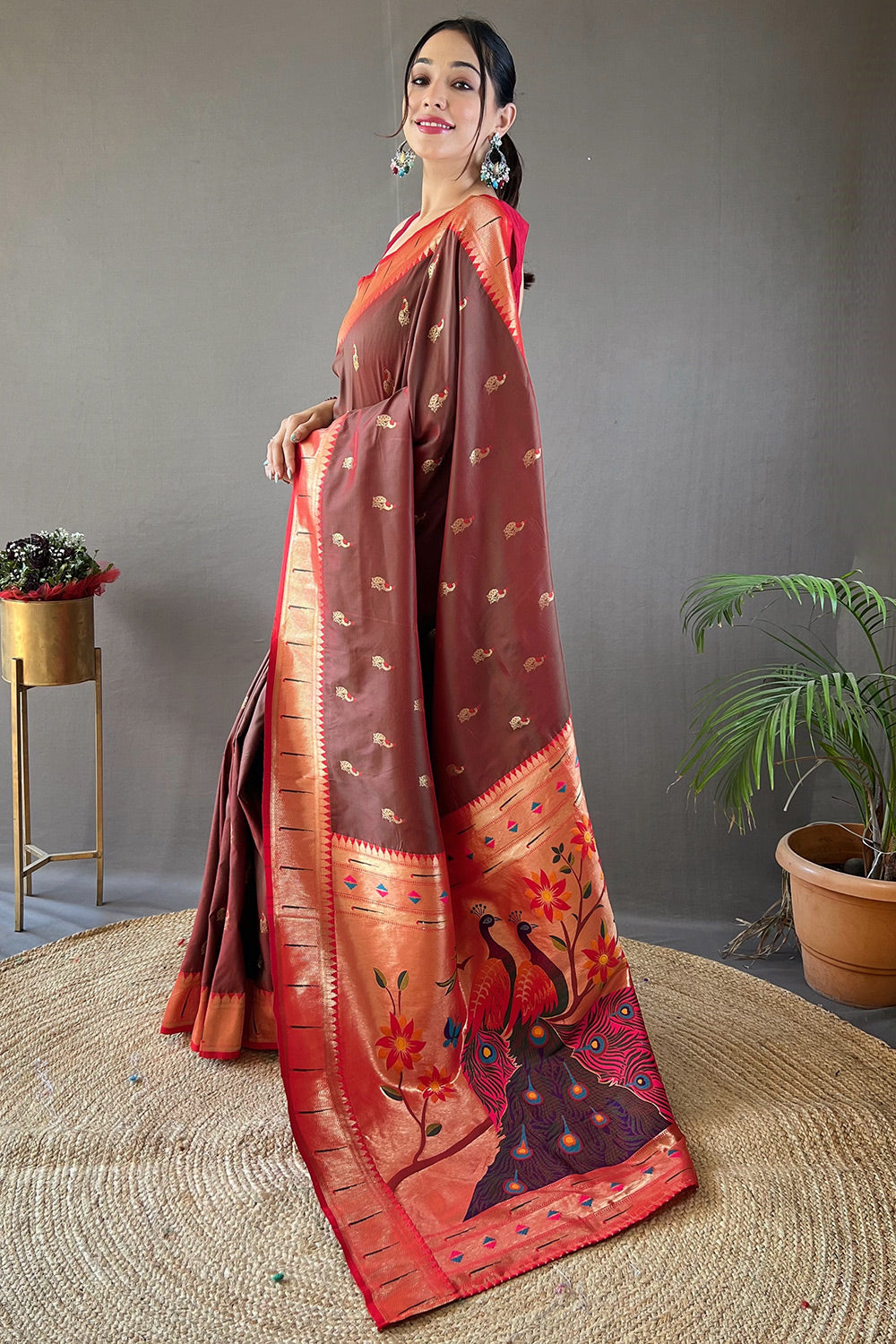 MySilkLove Nespresso Brown Zari Woven Paithani Saree