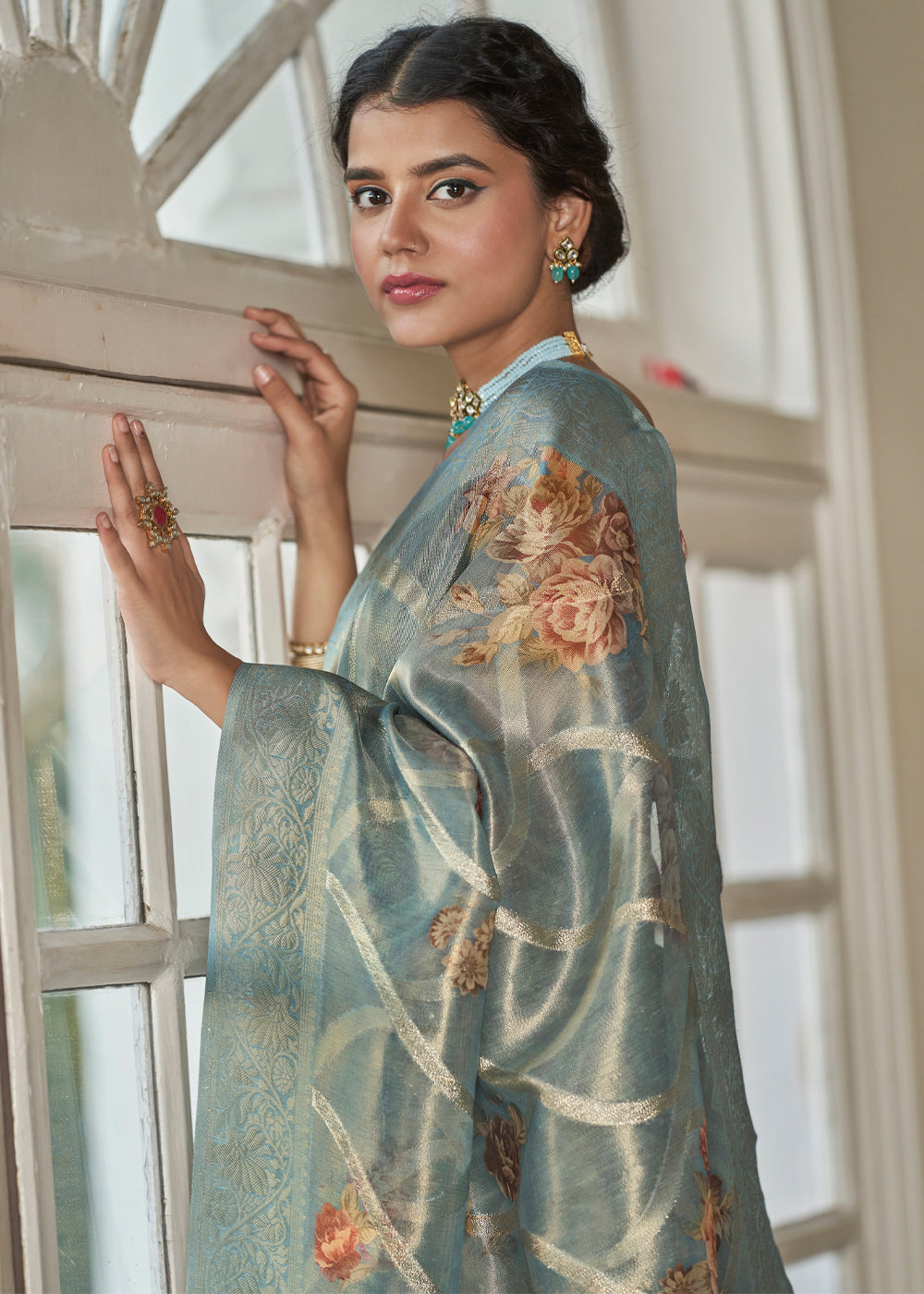 Buy MySilkLove Mantle Green Woven Banarasi Tissue Organza Silk Sare Online