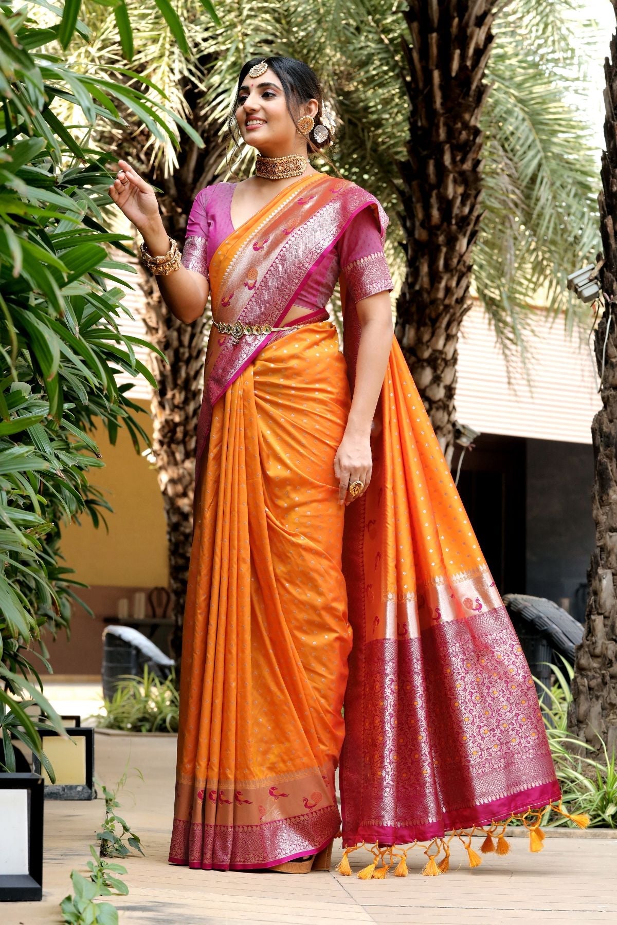 Buy MySilkLove Mango Orange and Pink Banarasi Paithani Silk Saree Online