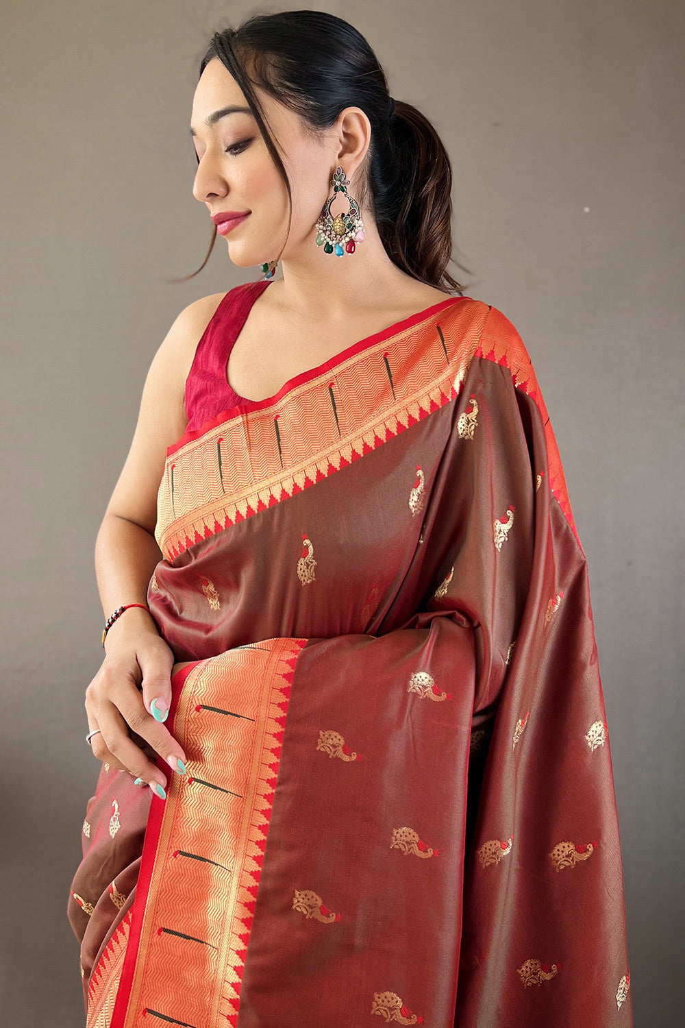 Buy MySilkLove Nespresso Brown Zari Woven Paithani Saree Online