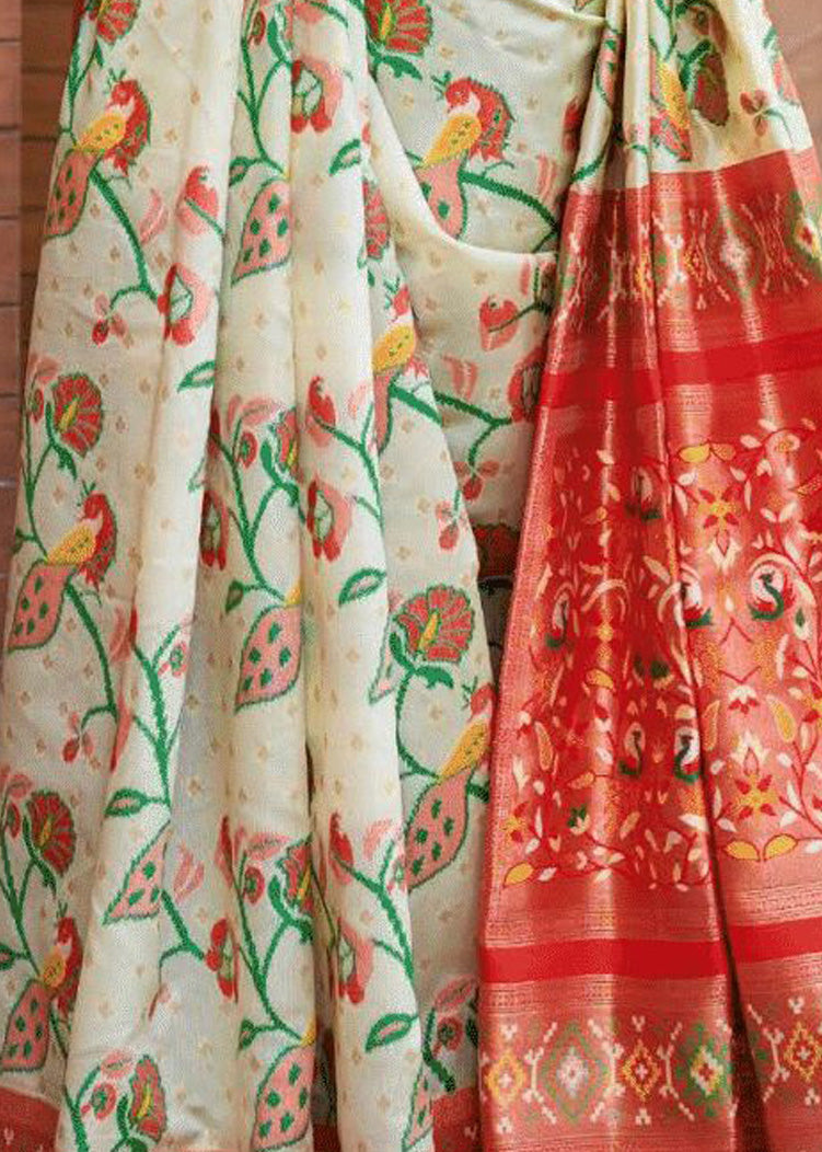 Buy MySilkLove Sisal Cream and Red Woven Kanchipuram Saree Online