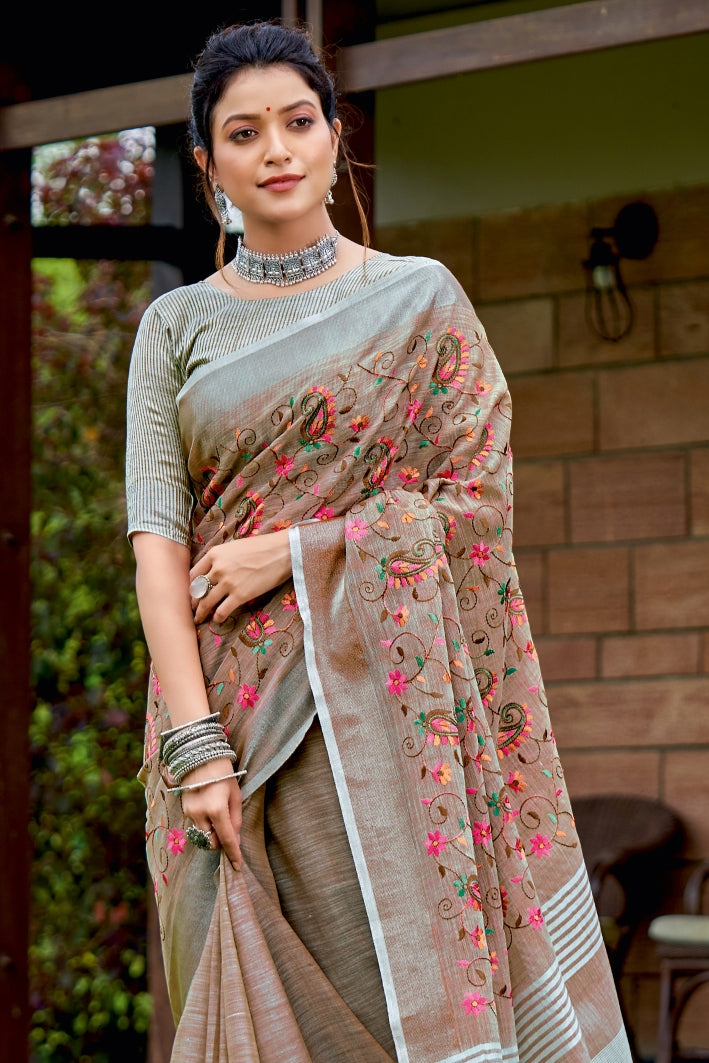 Buy MySilkLove Leather Brown Handcrafted Linen Saree Online