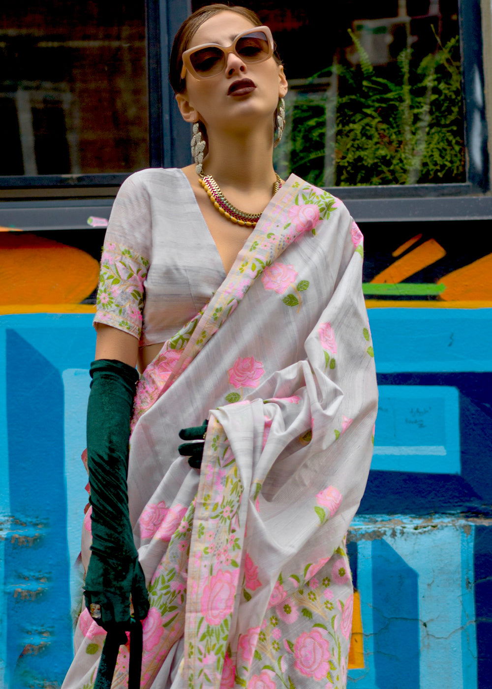 Buy MySilkLove Silver Grey Floral Handloom Banarasi Saree Online