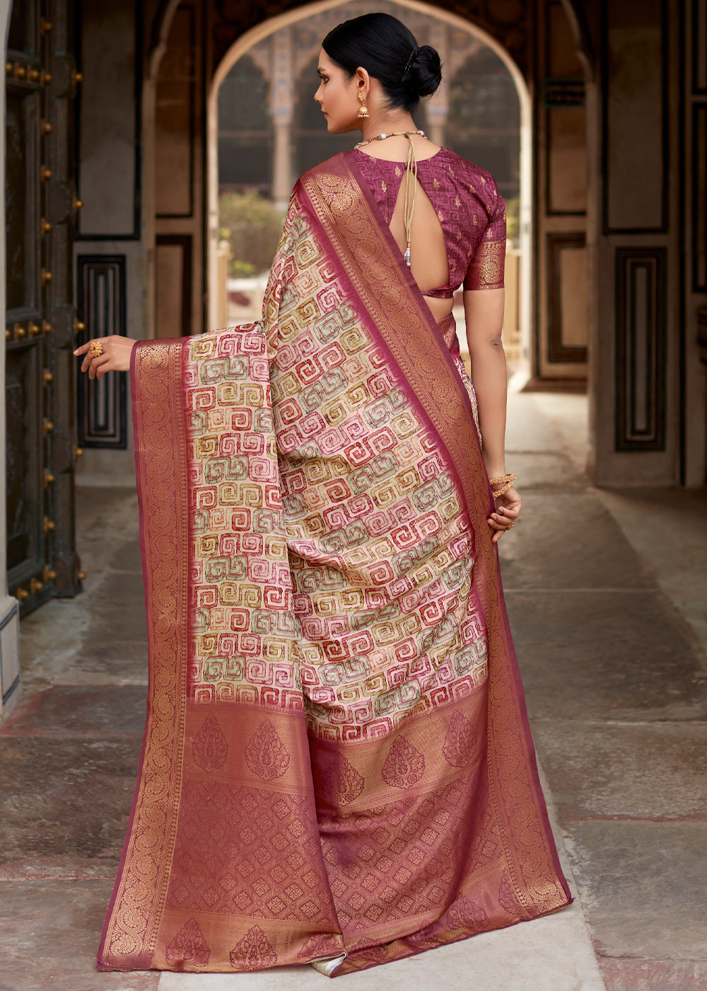 Buy MySilkLove El Salva Brown Banarasi Digital Printed Silk Saree Online