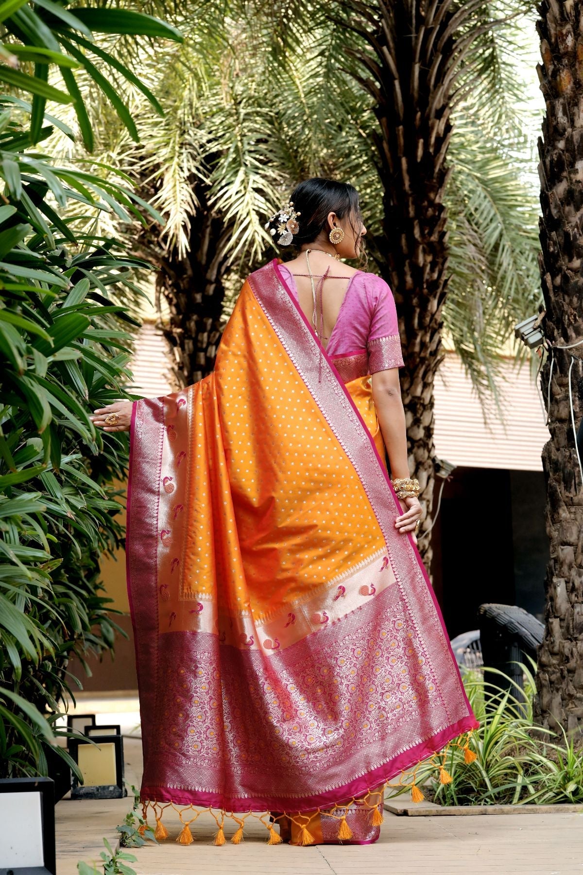 Buy MySilkLove Mango Orange and Pink Banarasi Paithani Silk Saree Online