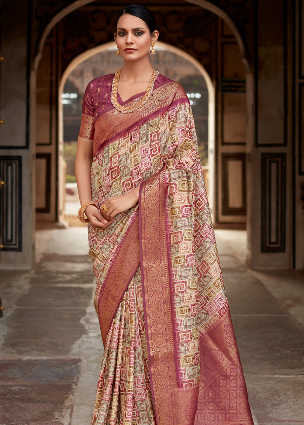 Buy MySilkLove El Salva Brown Banarasi Digital Printed Silk Saree Online