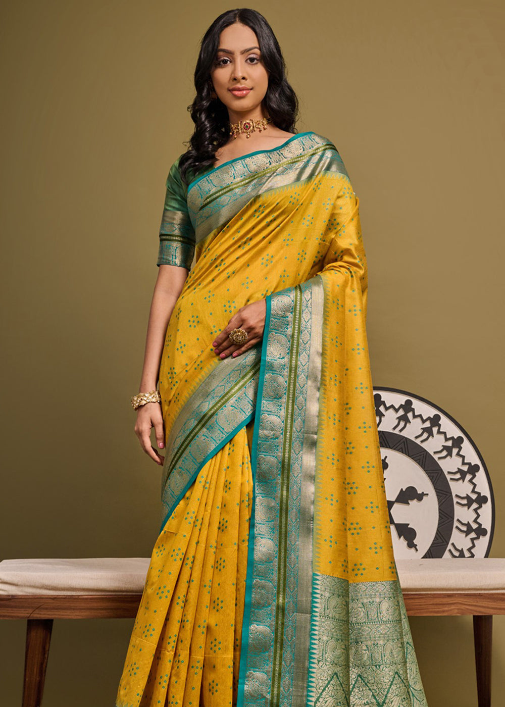 Buy MySilkLove Golden Grass Yellow Woven Banarasi Soft Silk Saree Online