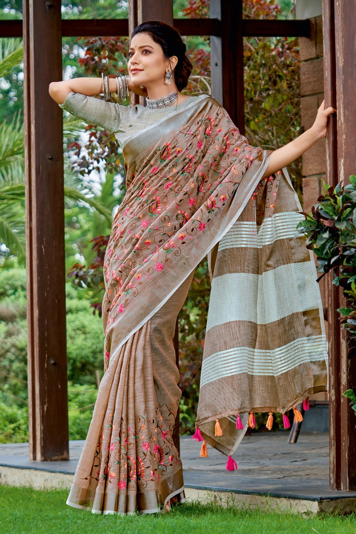 Buy MySilkLove Leather Brown Handcrafted Linen Saree Online