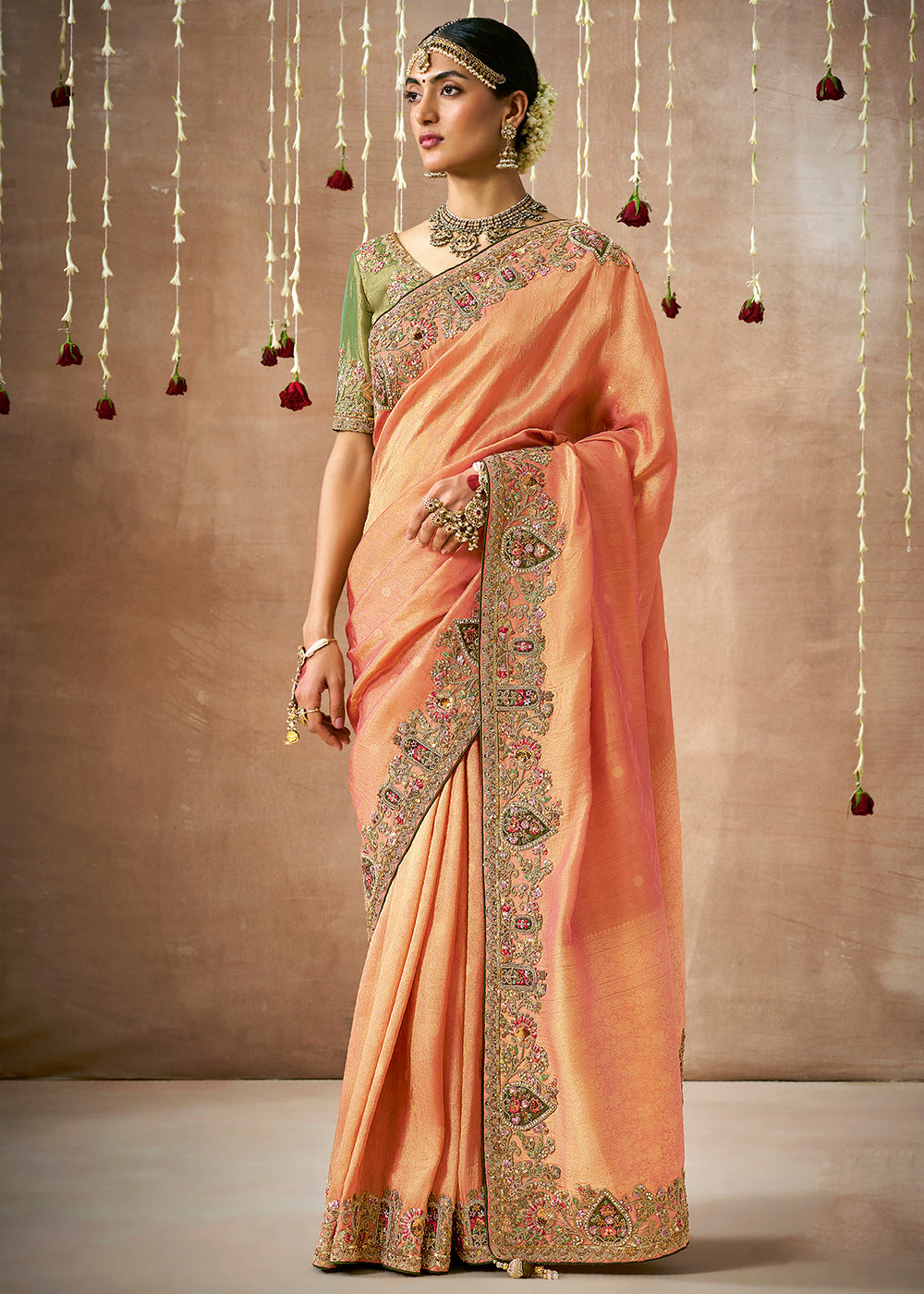 Buy MySilkLove Plum Peach  Zari Woven Embroidery Designer Tissue Dola Silk Saree Online