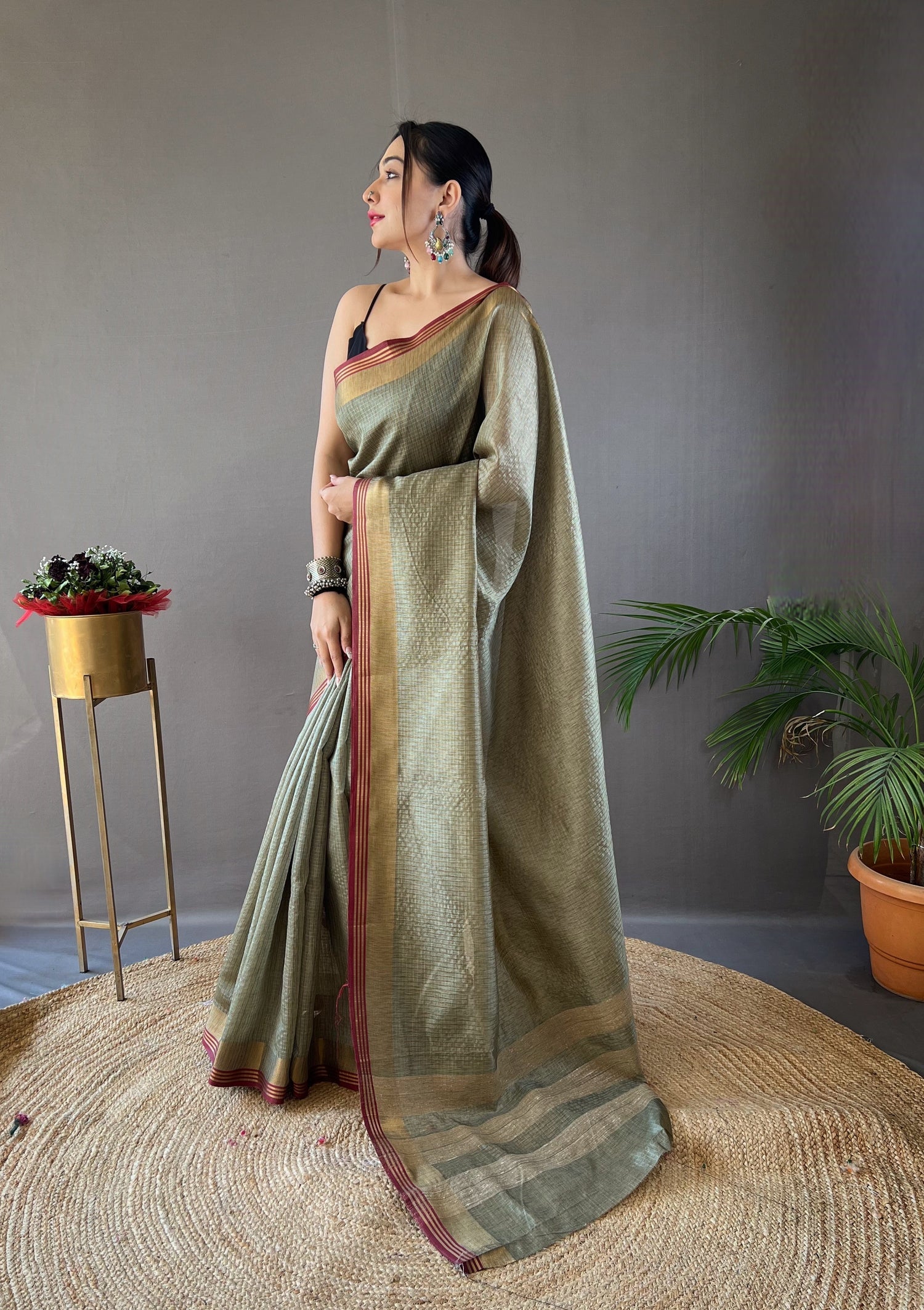 Buy MySilkLove Clay Creek Green Organza Woven Saree Online