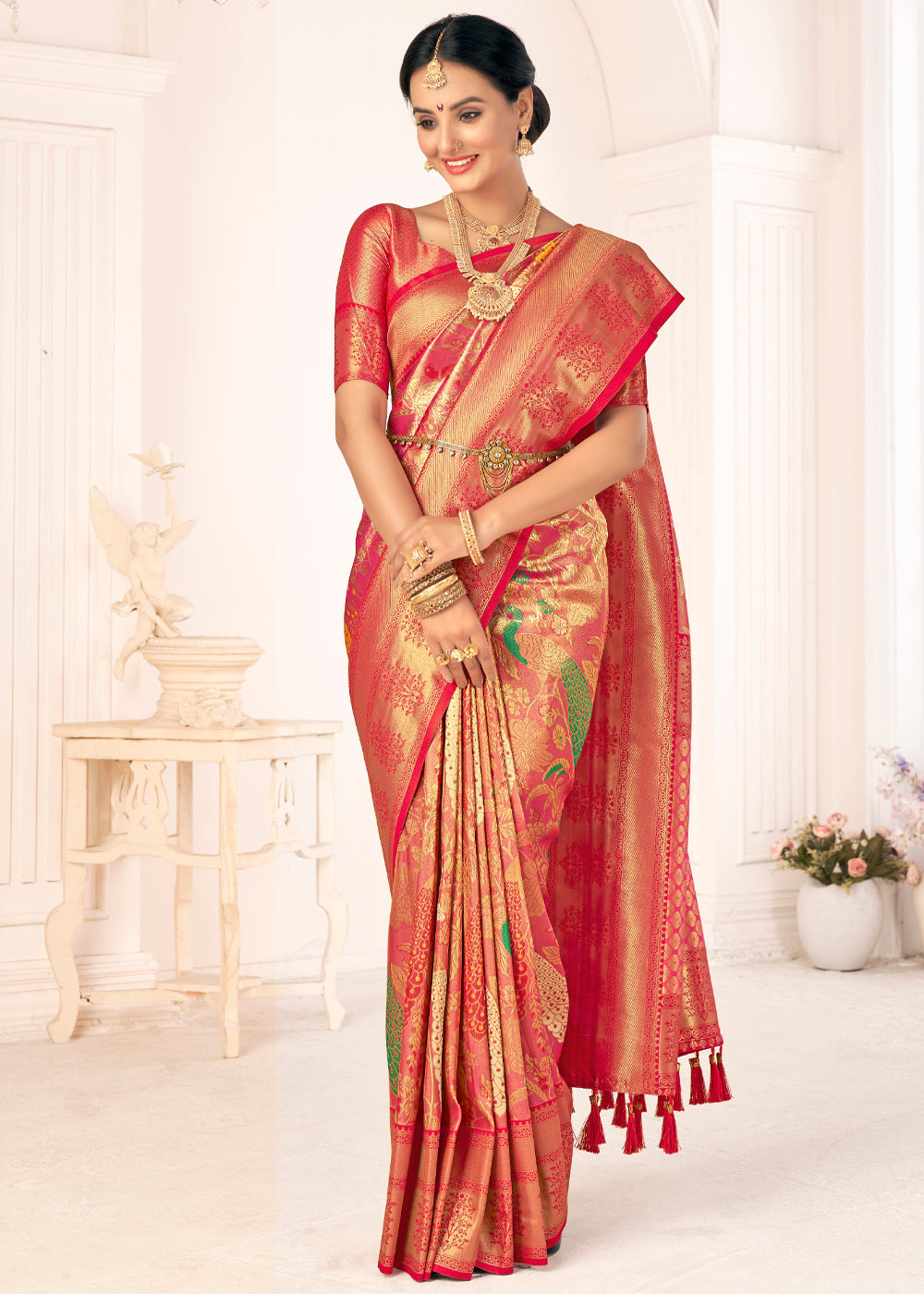 Buy MySilkLove Roman Pink Woven Paithani Fusion Kanjivaram Silk Saree Online