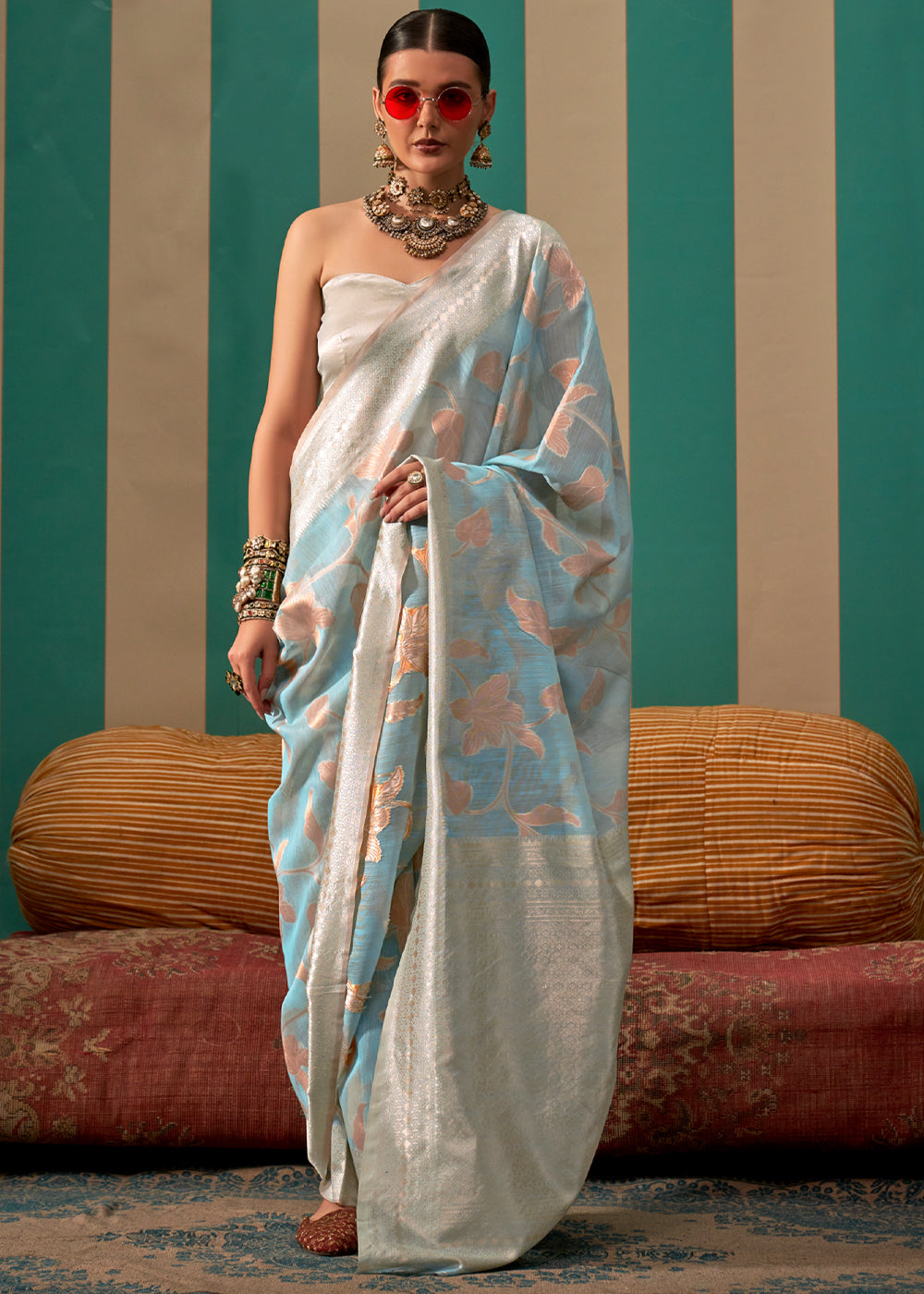 Buy MySilkLove Jungle Mist Blue Woven Banarasi Linen Saree Online