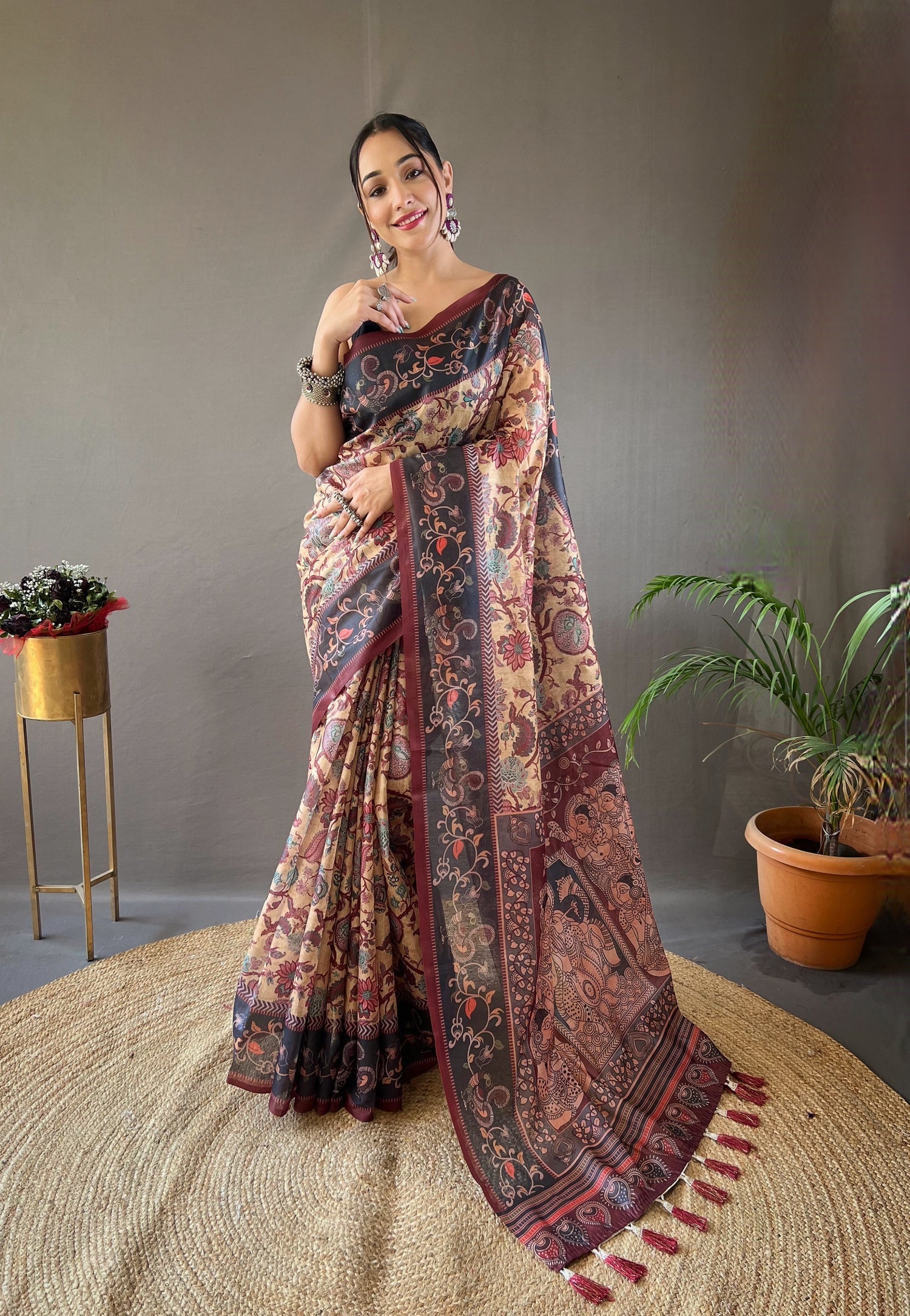 Buy MySilkLove Tacao Orange and Black Printed Cotton Kalamkari Saree Online