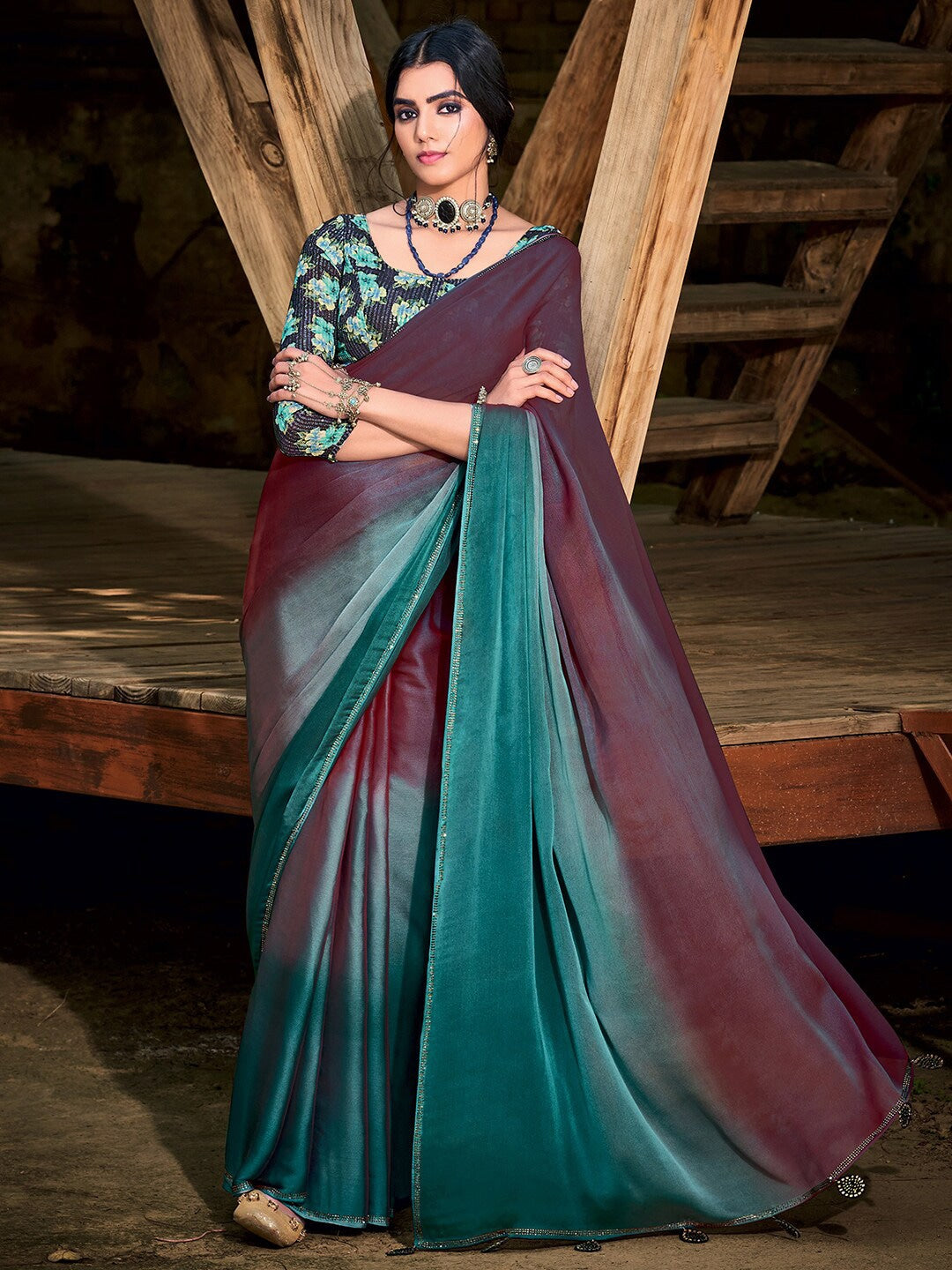 Buy MySilkLove Buccaneer Purple and Blue Chiffon Saree With Printed Blouse Online