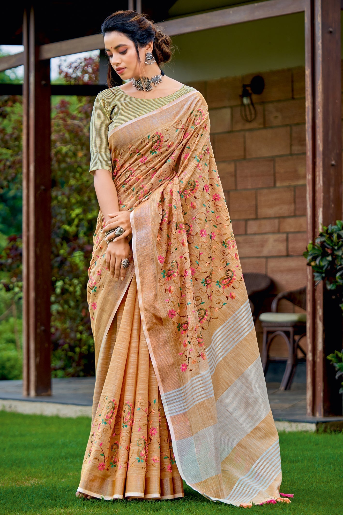 Buy MySilkLove Macaroni Cheese Orange Handcrafted Linen Saree Online