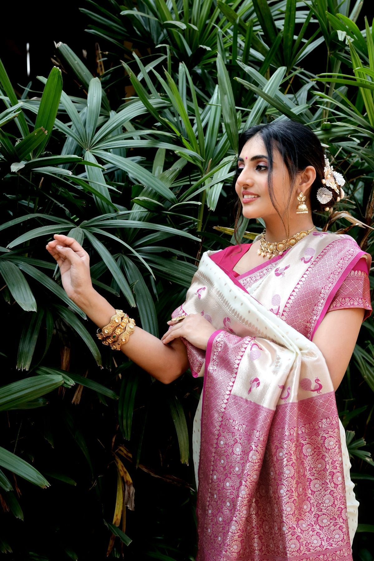 MySilkLove Pearl White and Purple Banarasi Paithani Silk Saree