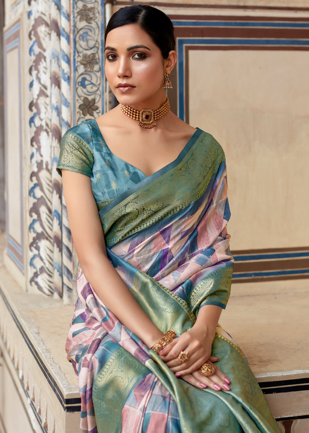 MySilkLove Bismark Blue Banarasi Digital Printed Silk Saree