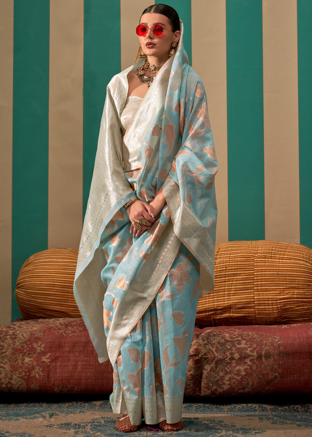 MySilkLove Jungle Mist Blue Woven Banarasi Linen Saree