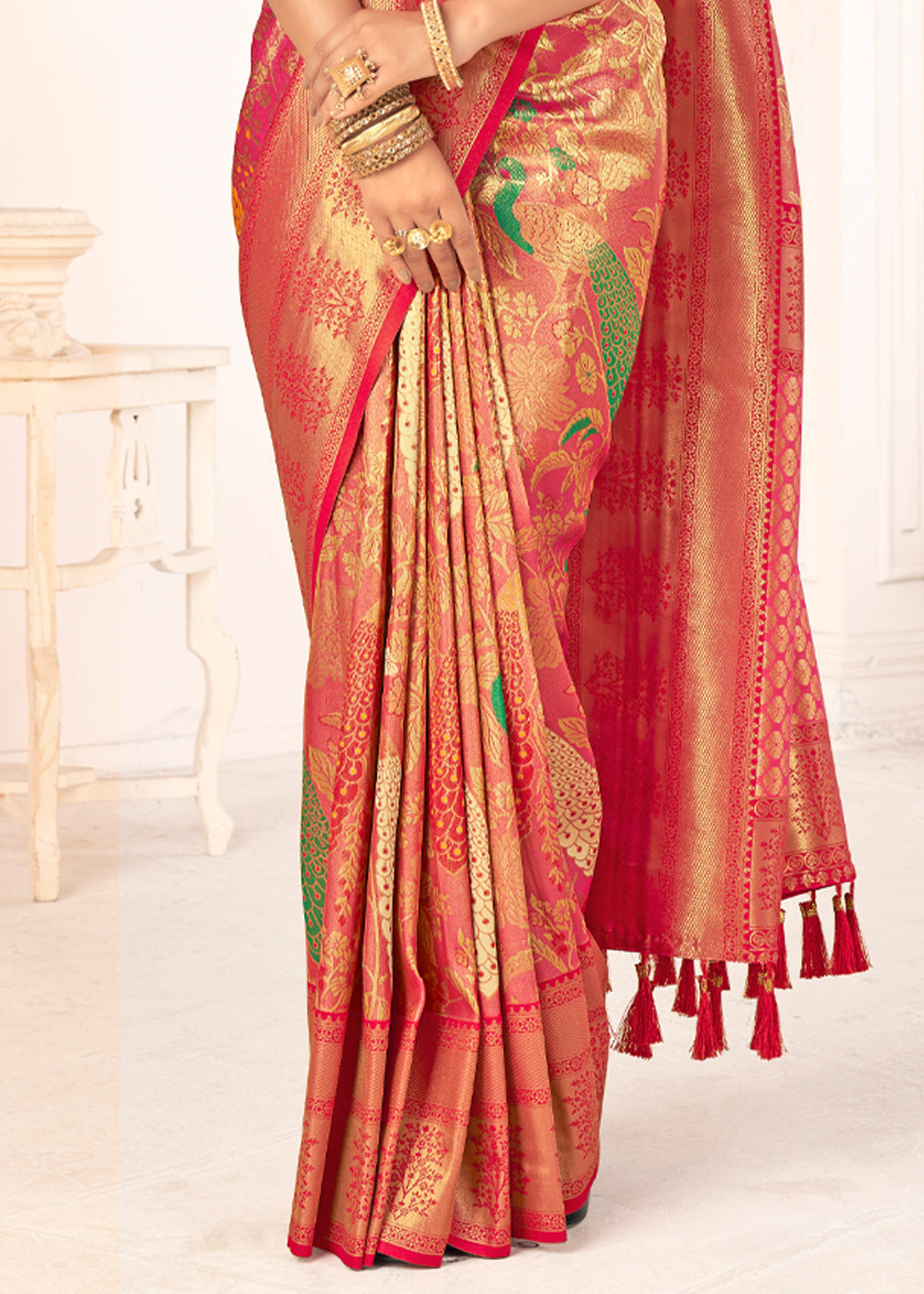 Buy MySilkLove Roman Pink Woven Paithani Fusion Kanjivaram Silk Saree Online