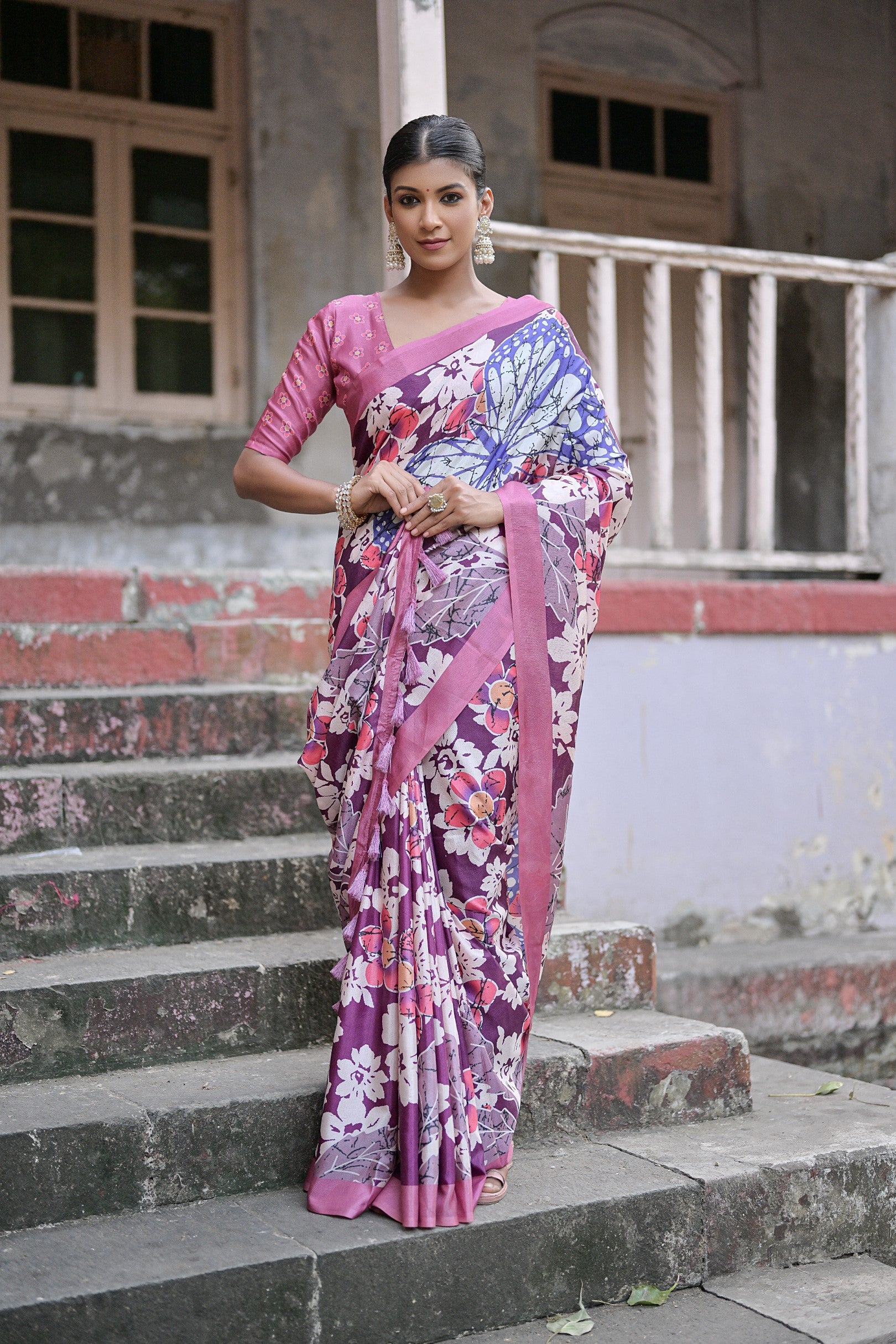 Buy MySilkLove Strikemaster Purple Floral Printed Cotton Silk Saree Online