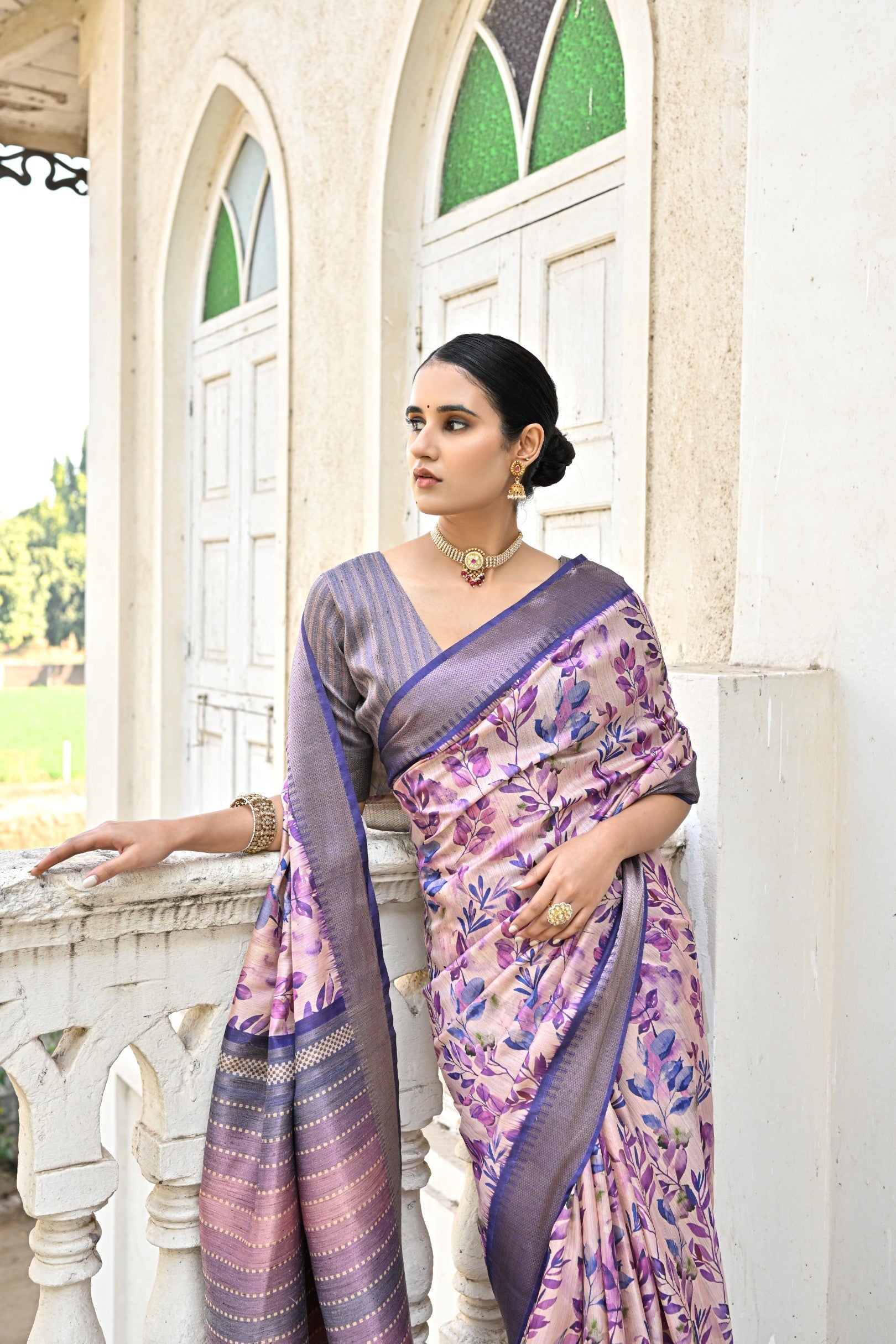 MySilkLove Lilac Luster Purple Tussar Printed Silk Saree