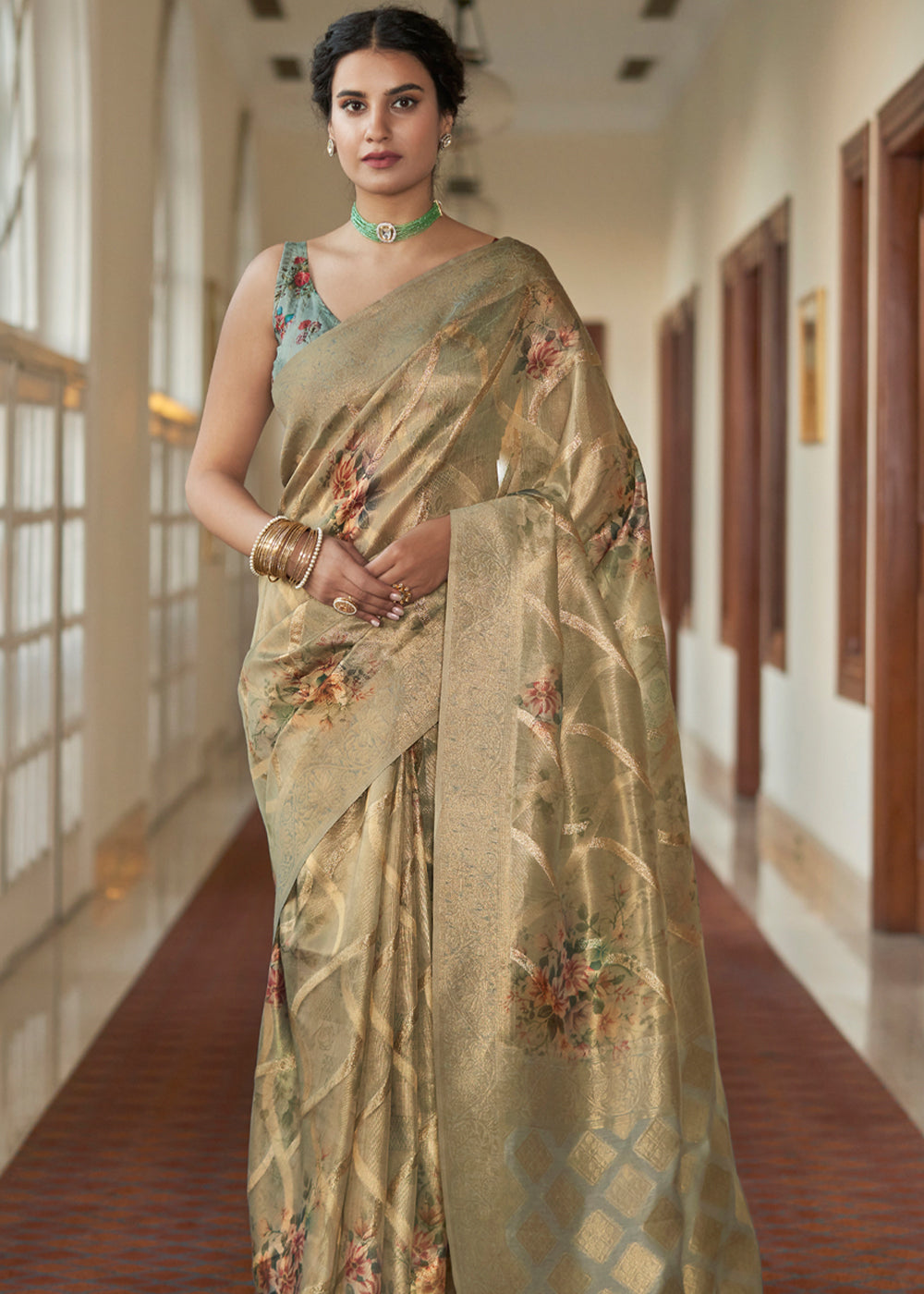 Buy MySilkLove Copper Canyon Golden Woven Banarasi Tissue Organza Silk Sare Online